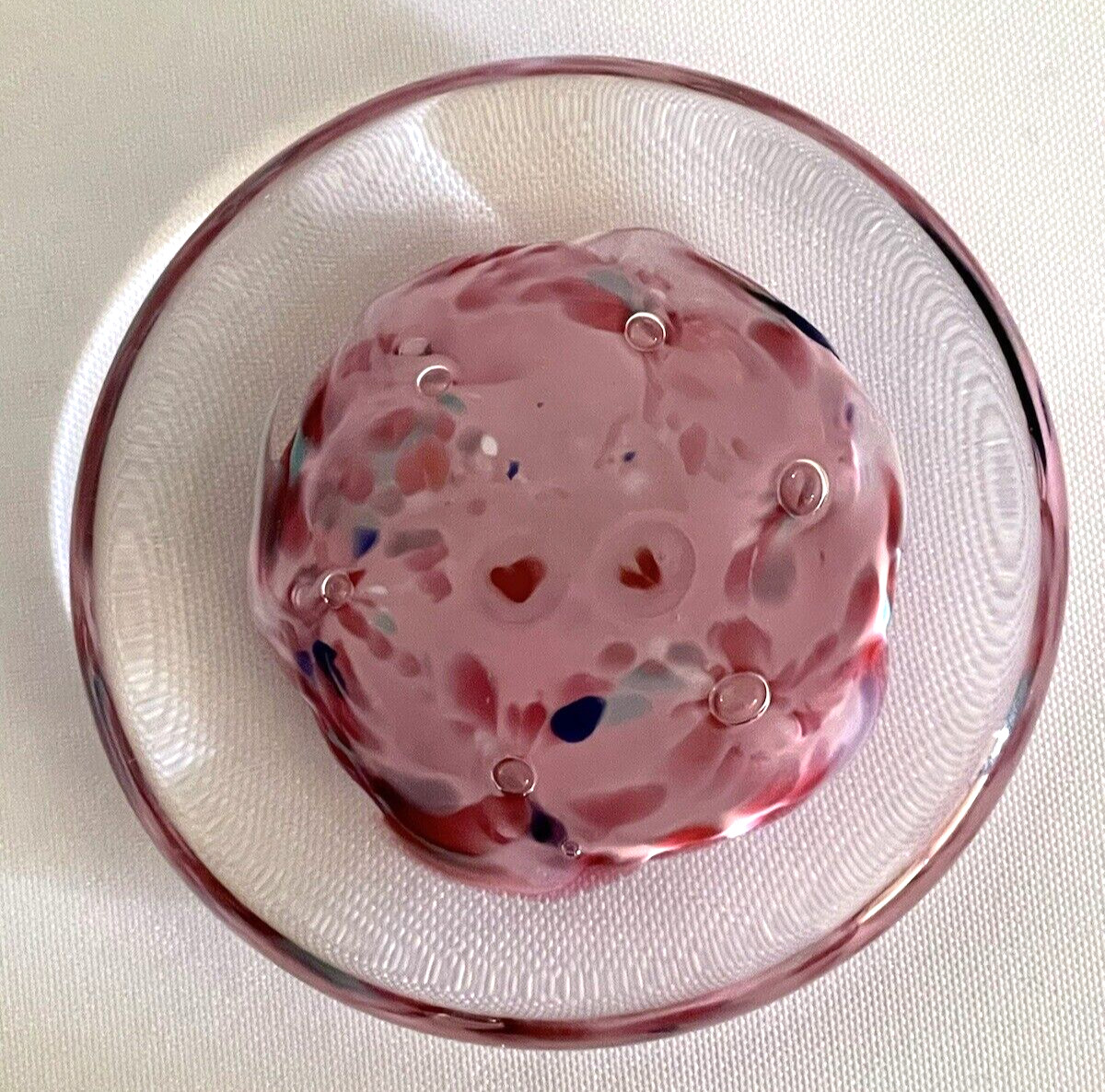 Vintage Pink with Hearts and Bubbles Glass Paperweight 3.25 Inches in Diameter