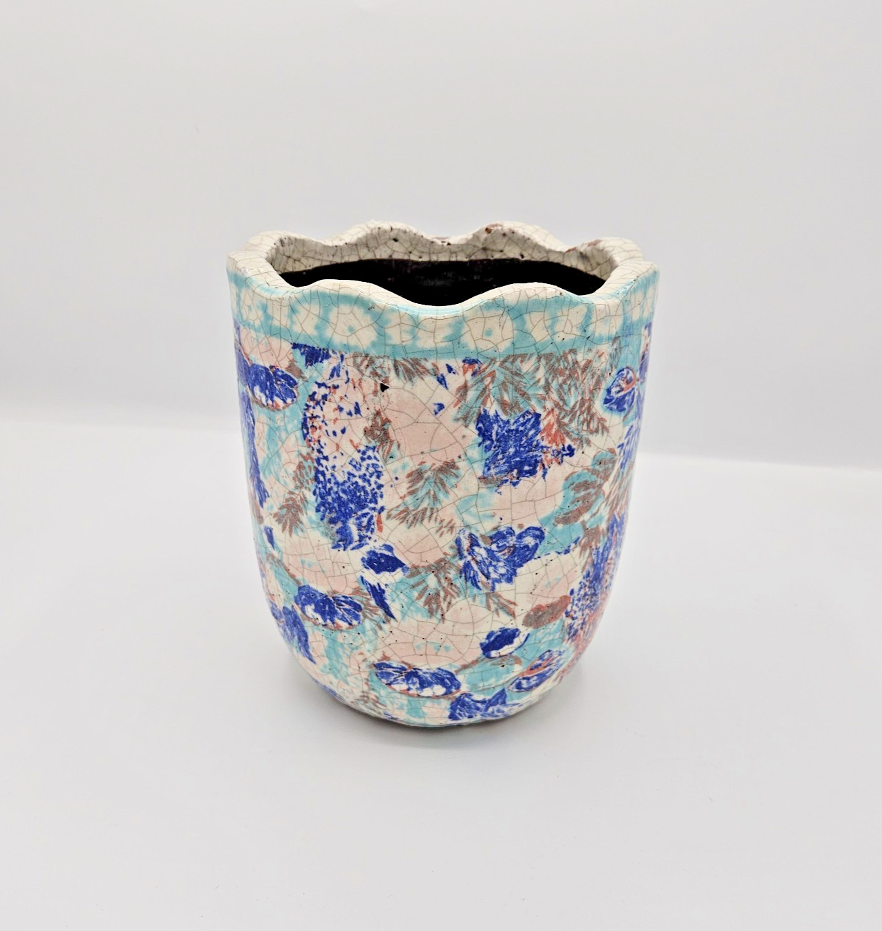 Anthropologie Blue Pink White Crackle Splatter Sponge Scallop Stoneware Planter