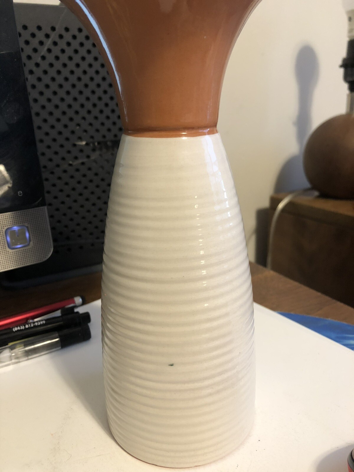 Vintage Dansk Ivory & Terra Cotta Ribbed Vase 10” Denmark