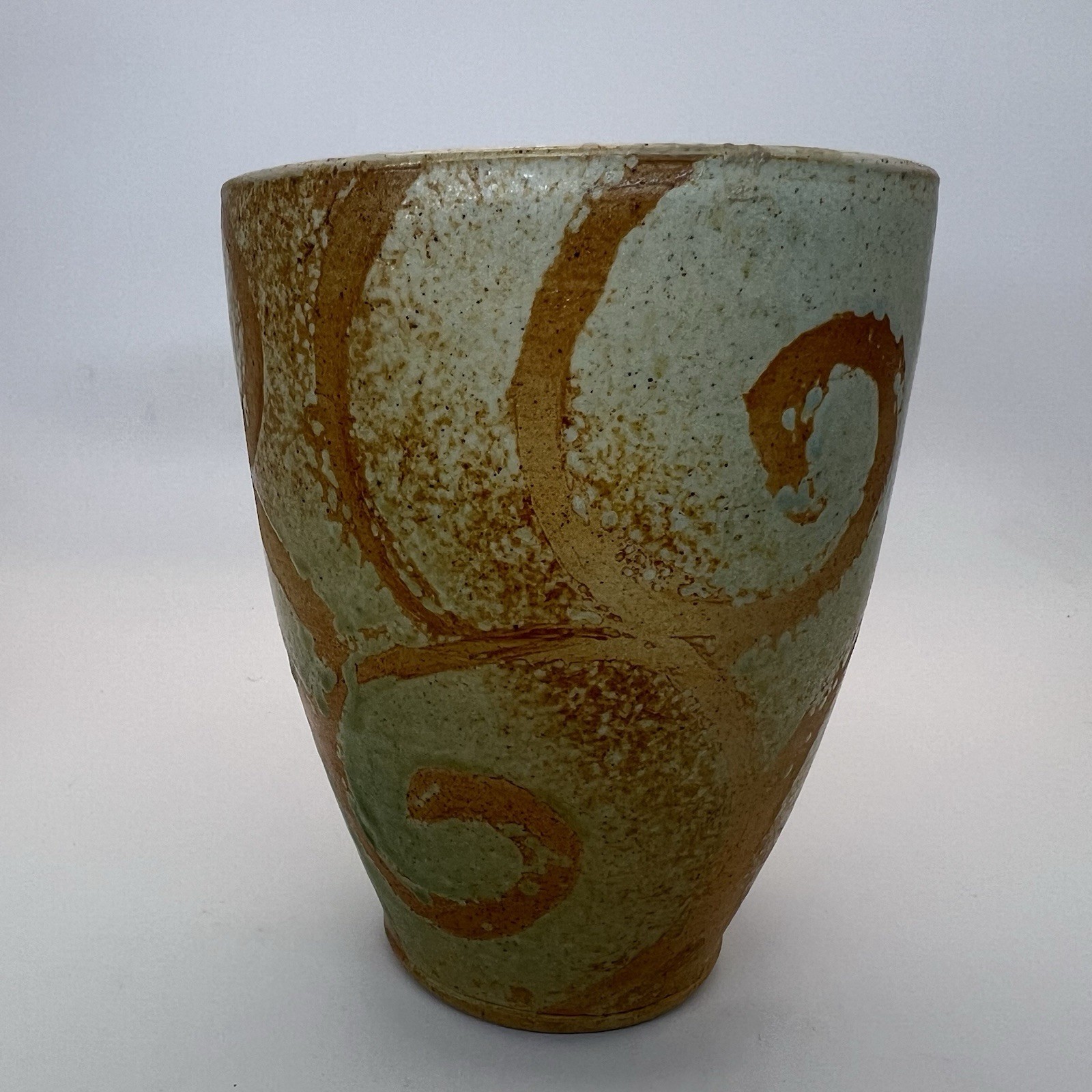 Studio Pottery 5” Tall Vase With Orange Swirls And Turquoise Glaze Signed