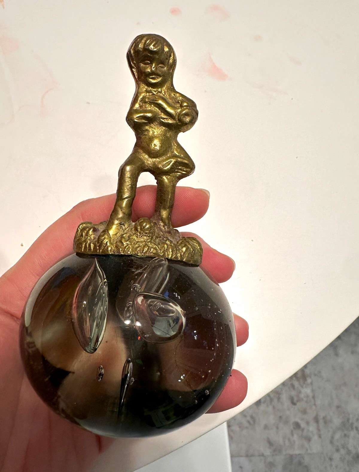 Clear Glass Paperweight with Gold-Tone Girl Figurine Topper, Made in India