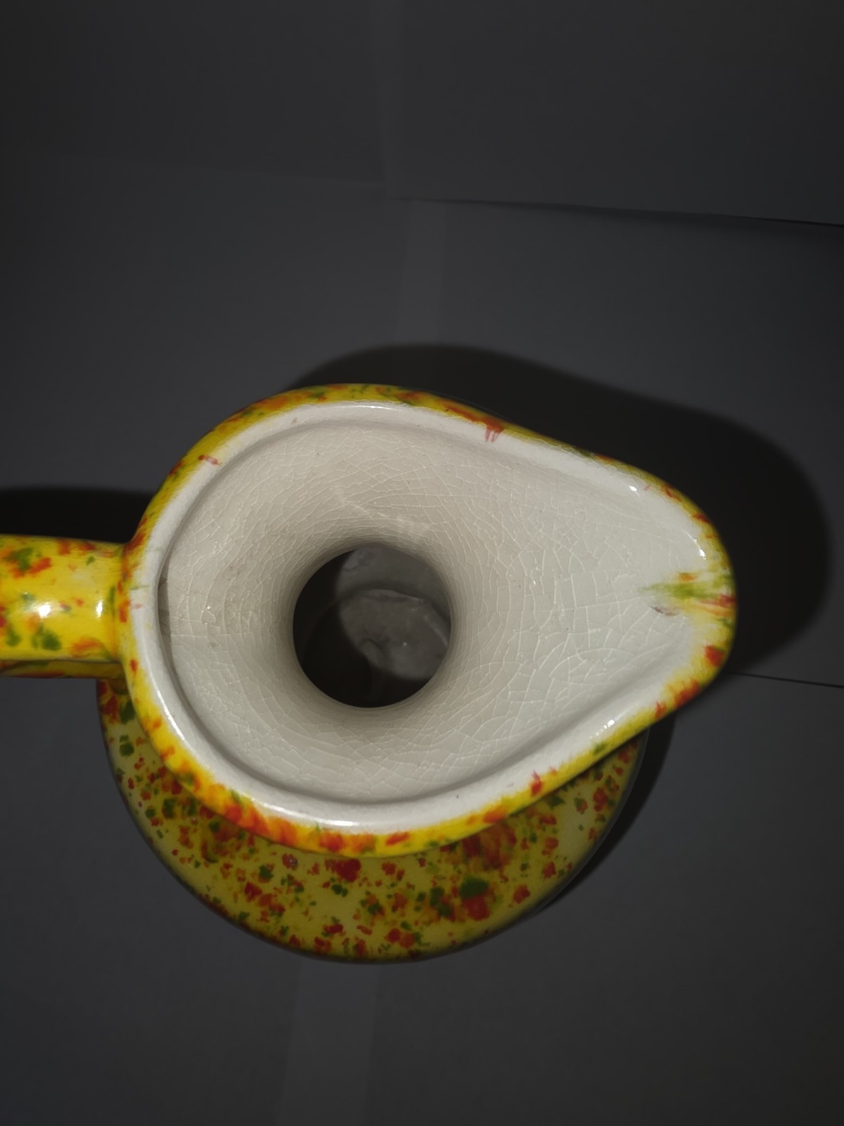 1981 Splatterware Orange Red Yellow and Green Drip Pitcher Vase. Signed