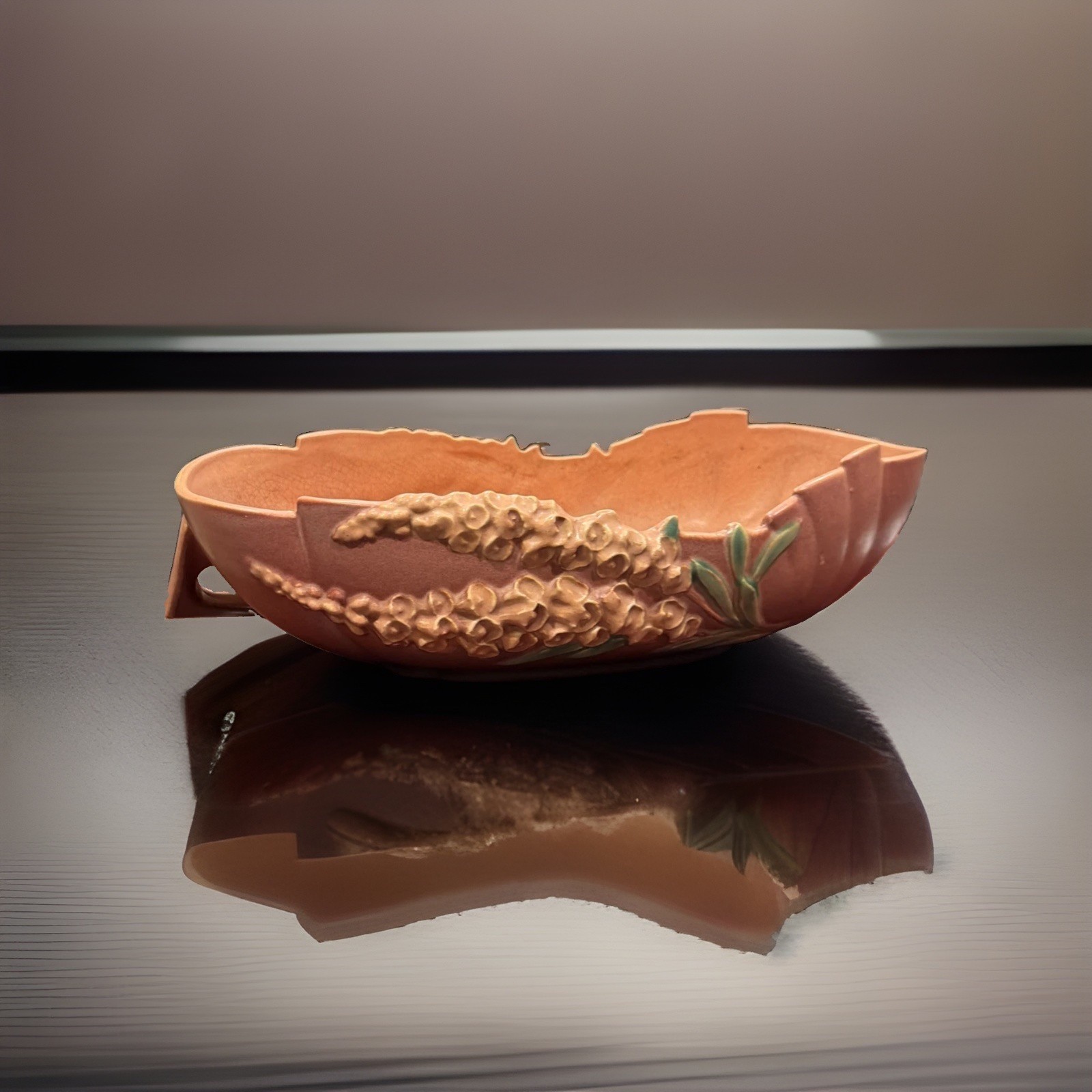 Roseville Salmon Pink Foxglove Oval Ceramic Console Bowl Art Deco Matte 1942