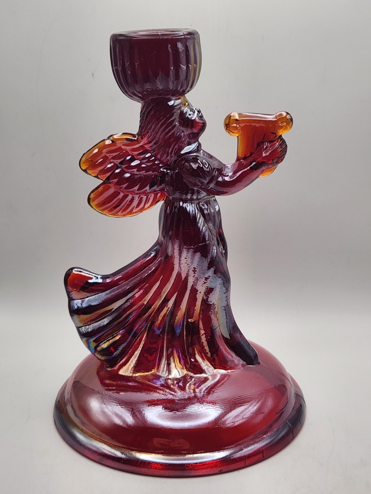 Pair Of Red Carnival Glass Angel Candle Holders Glows Orange Under Blacklight