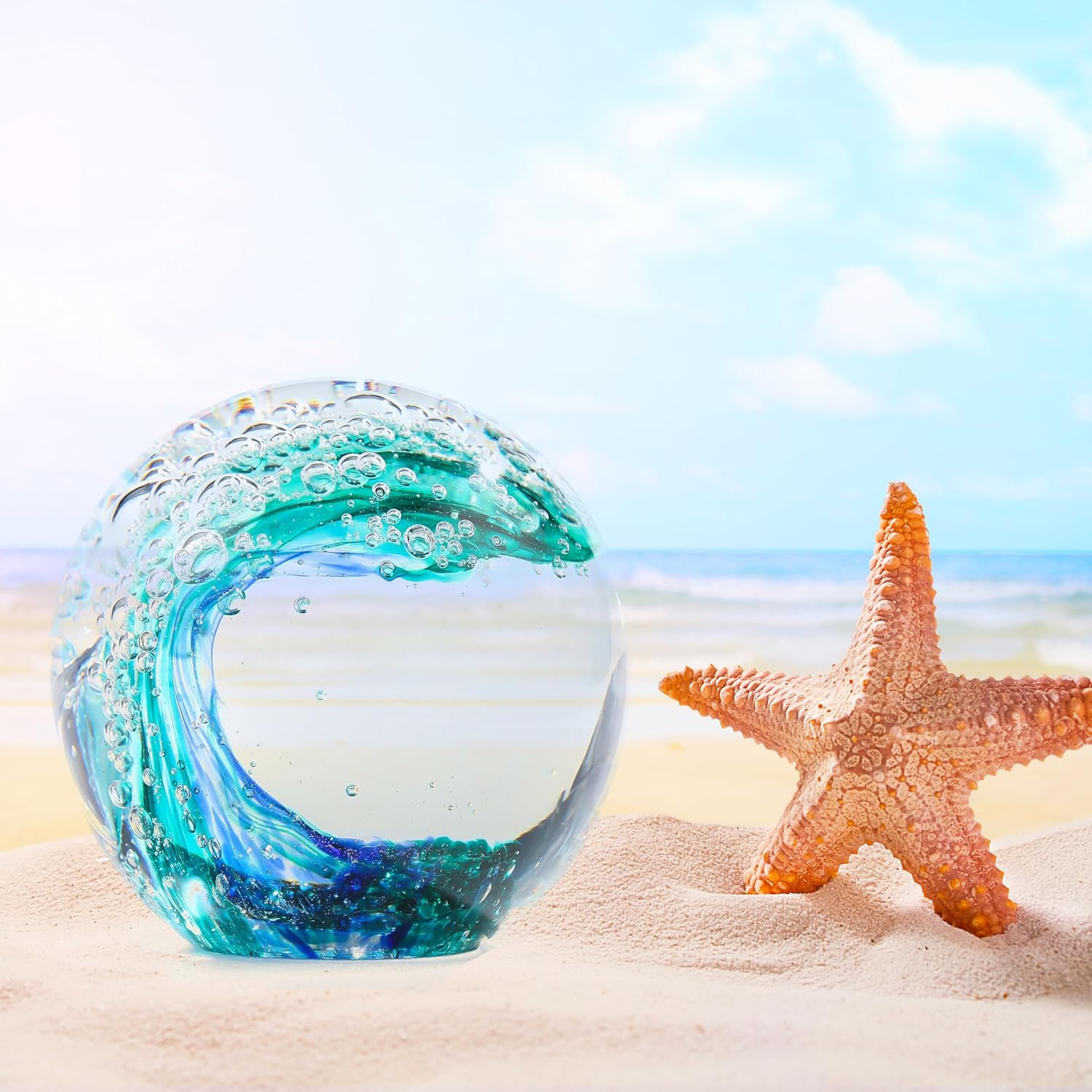 Qianwei Hand Blown Ocean Waves Crystal Ball – Glass Collectible Figurines Spere