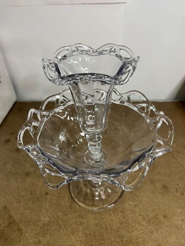 Clear Crystal Lace Edge 2 Piece Epergne Vase Compote Centerpiece Bowl Table