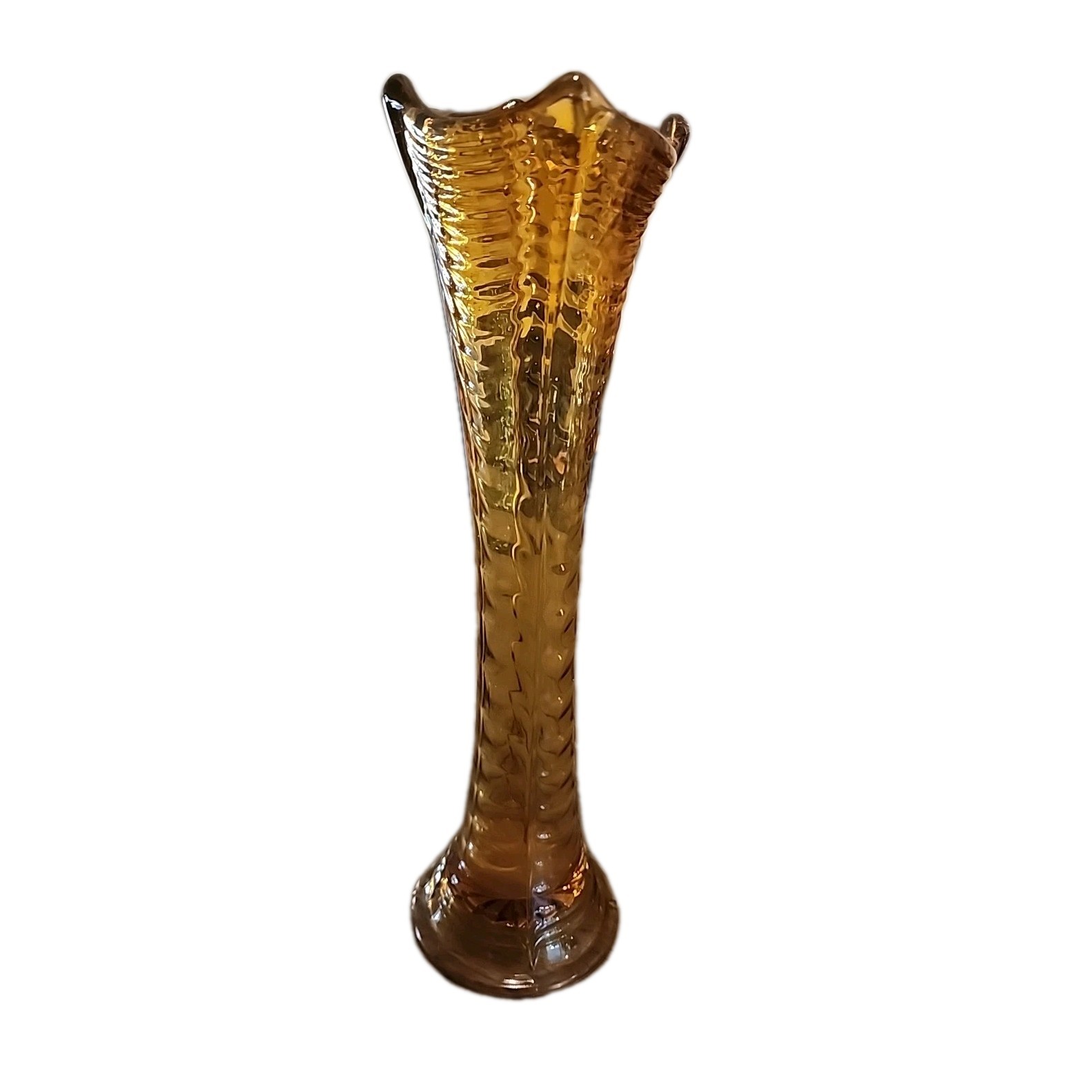 Vintage Amber Glass Ripple Drapery Swung Vase 10 3/4″ Tall