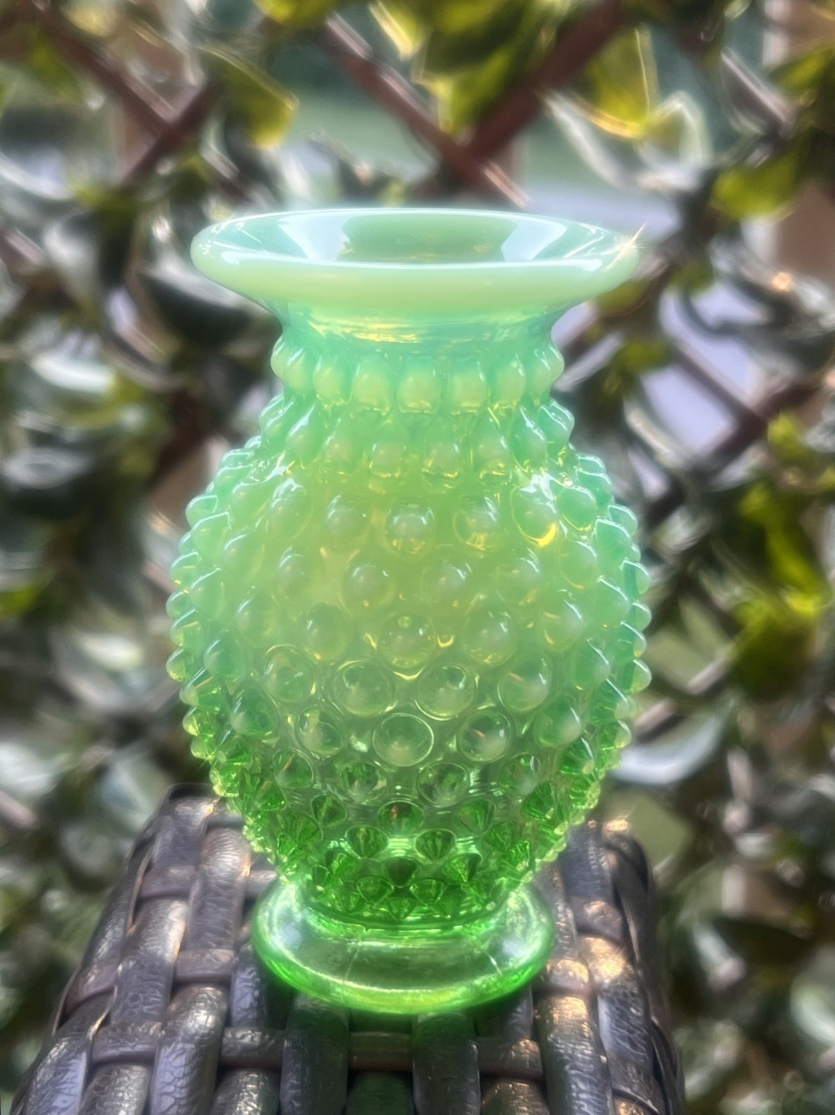 Vintage Fenton Uranium Hobnail Opalescent Green Glass Vase GLOWS