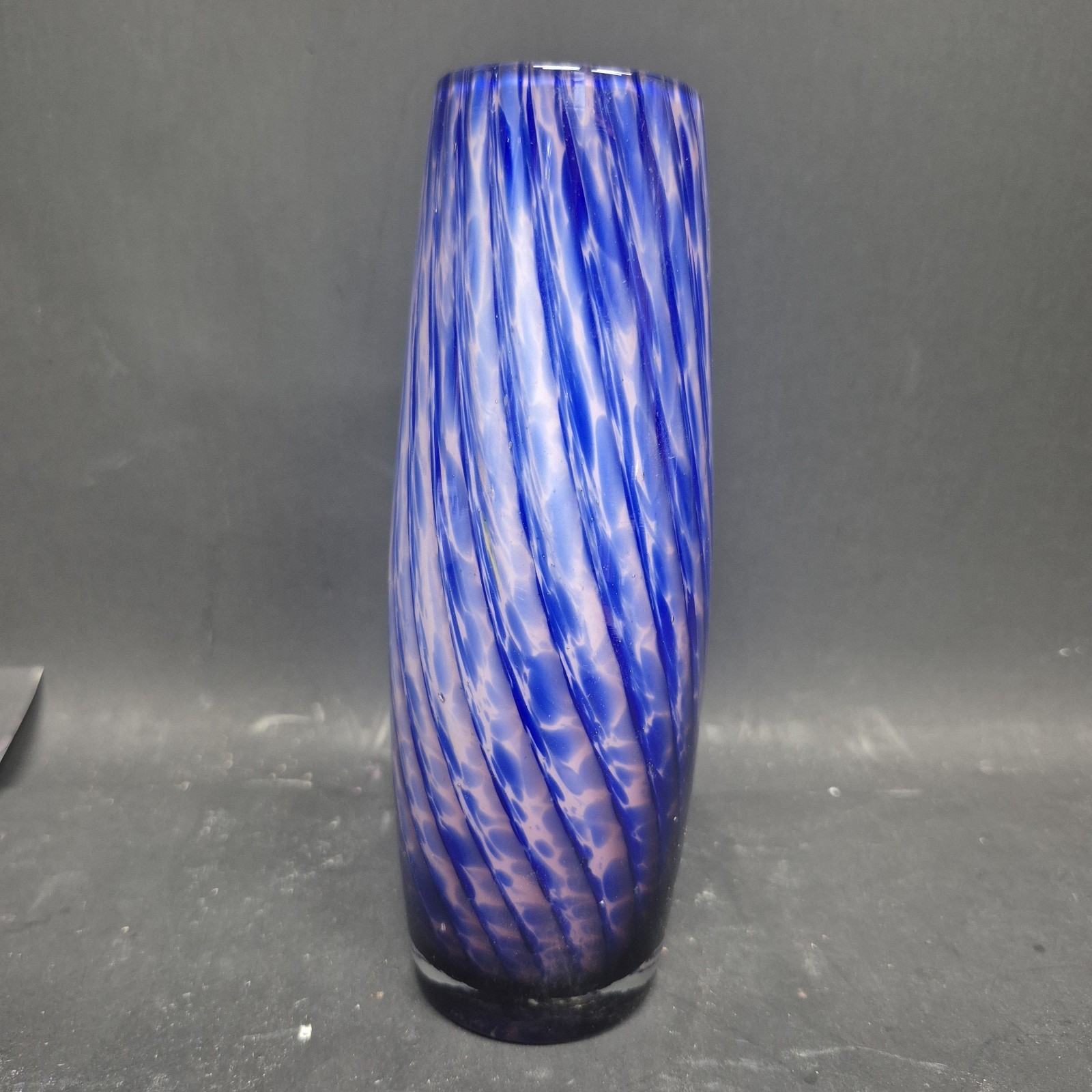 Norleans Cobalt Blue Art Glass Vase 6 1/2″ Japan Twist Spiral Lavender Marbled