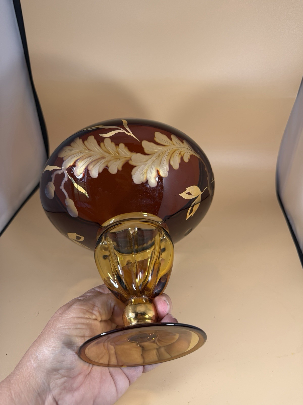 Beautiful Bohemian Amber Cut to Clear Crystal Compote Floral Vintage