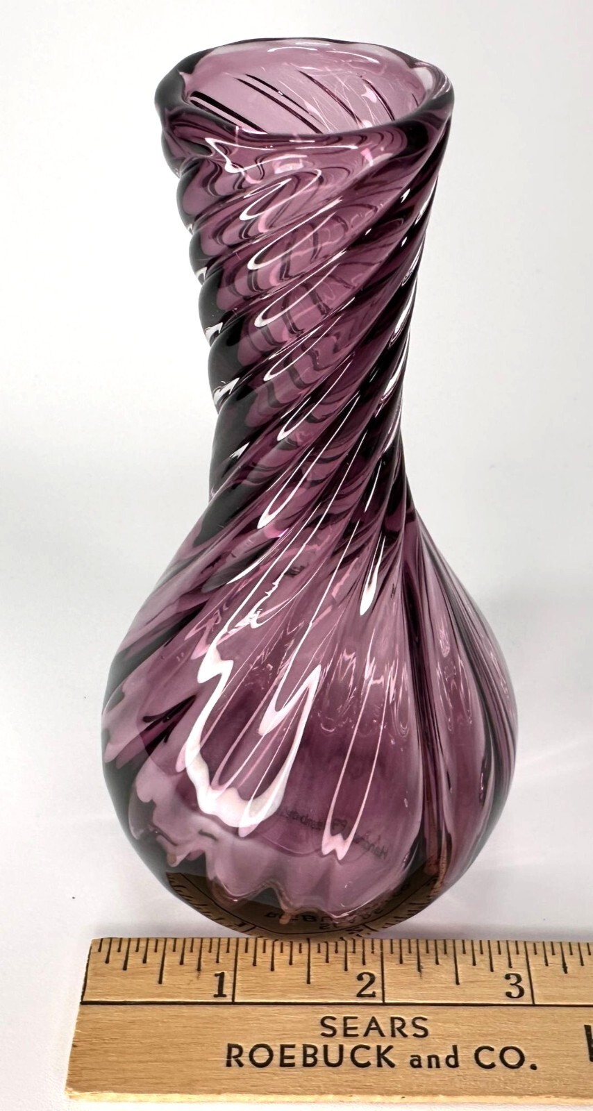 Vintage Hand Blown Purple Glass Swirl Vase Handmade in Poland Flower Bud 5.5″x2″
