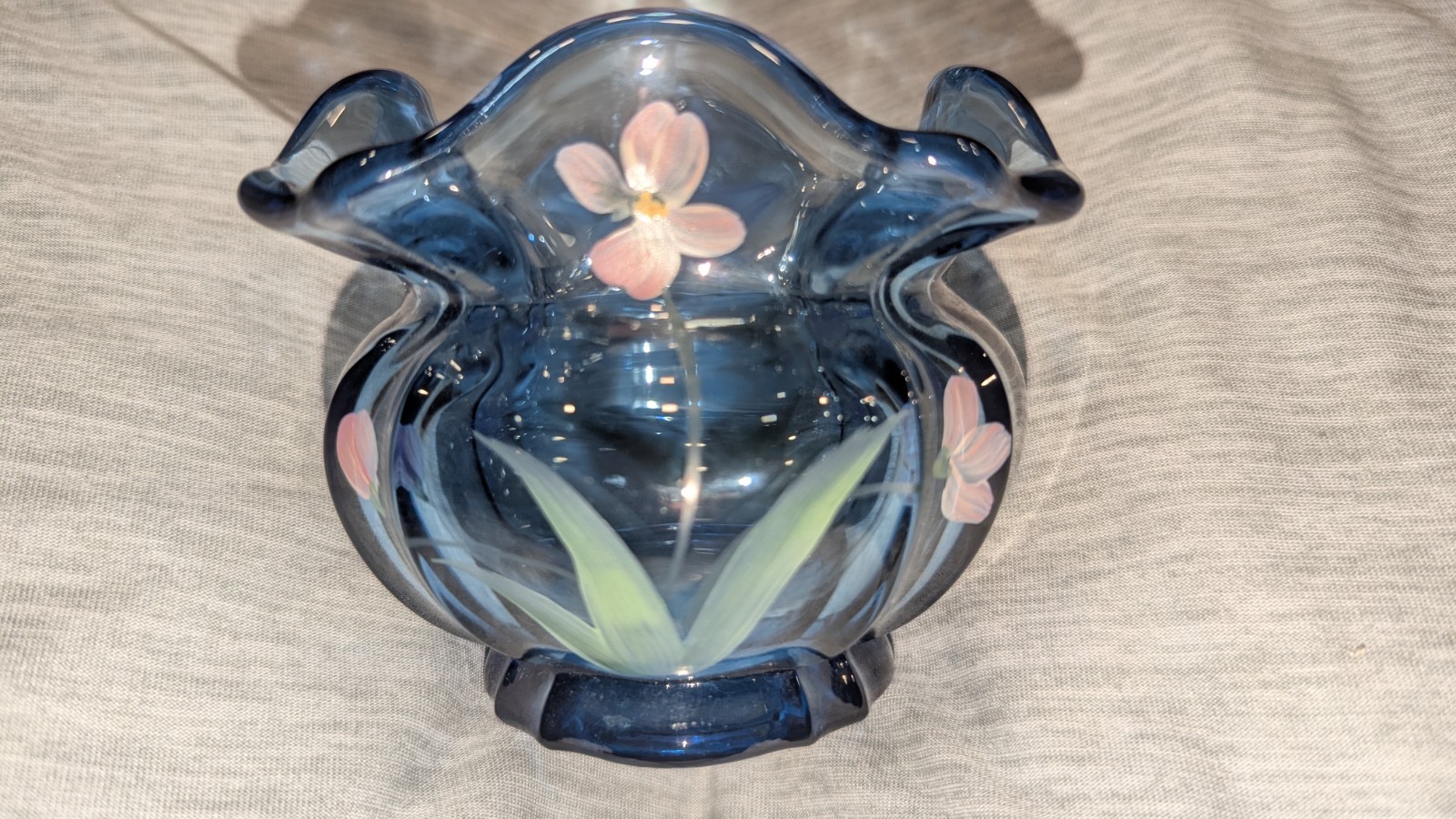 Fenton Blue Ruffle Rose Bowl 3.5″ Vase Signed Hand Painted Flowers by M Wagner