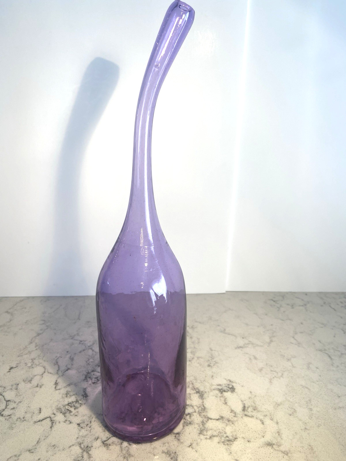 MCM Bent Neck Vase Art Glass Hand Blown Stretch Glass Lavender Color 13.5″ MINT