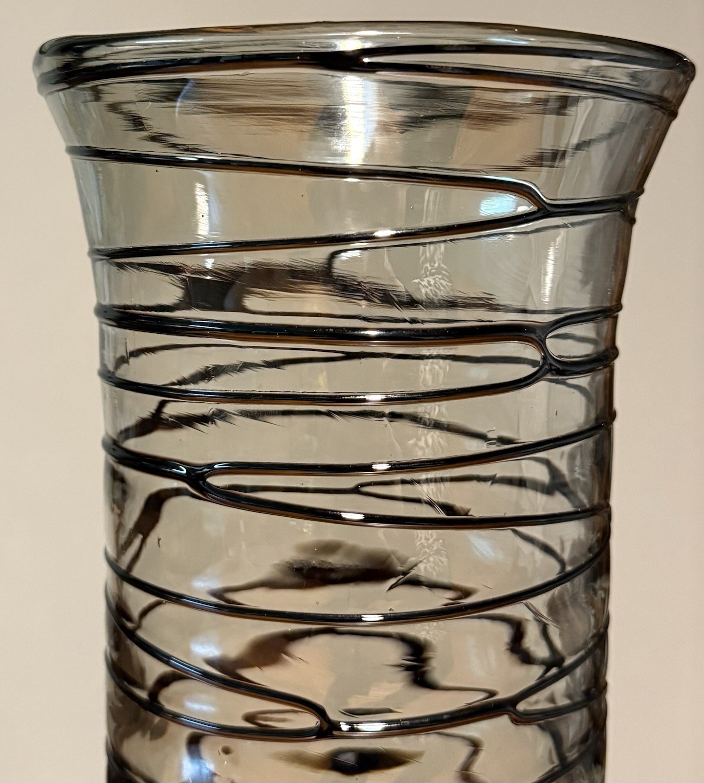 Murano Style Smoke Gray Art Glass Vase Black Applied Spiral Trail 12 Inches Tall