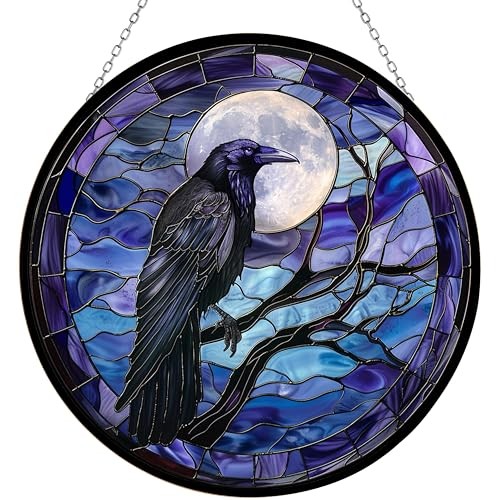 Stained Glass Window Hanging Sun Catcher Halloween Haning 6.3 inches Moon Crow