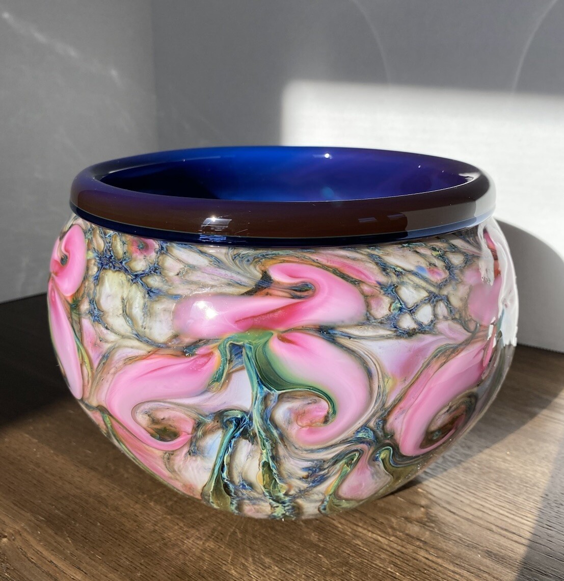 Charles Lotton Floral Iris Art Glass Bowl, Hand Blown, Artist Signed 2014