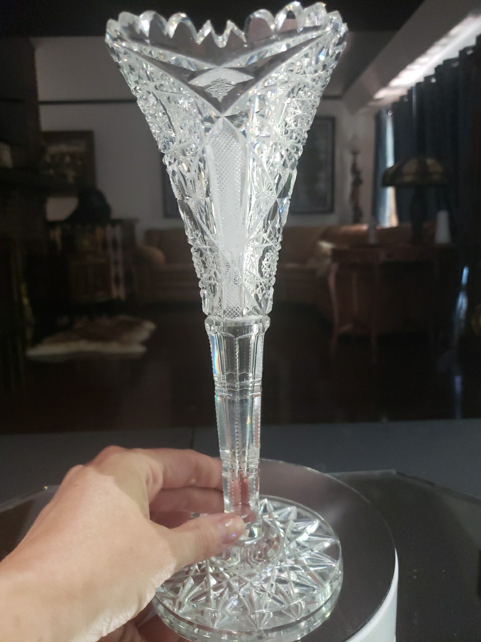 10″ Trumpet VASE, American Brilliant Period Cut Glass Egginton Creswick Quality