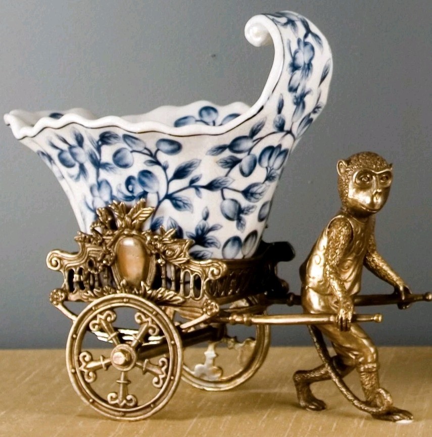 Antique Style Monkey Motif Blue & White Porcelain Planter -Bronze Ormolu- 10”H
