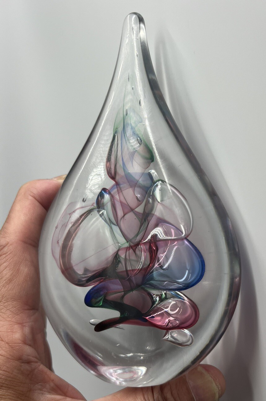 Vintage Paperweight Figurine Teardrop Marian Pyrcak Signed Pink Blue Green Decor