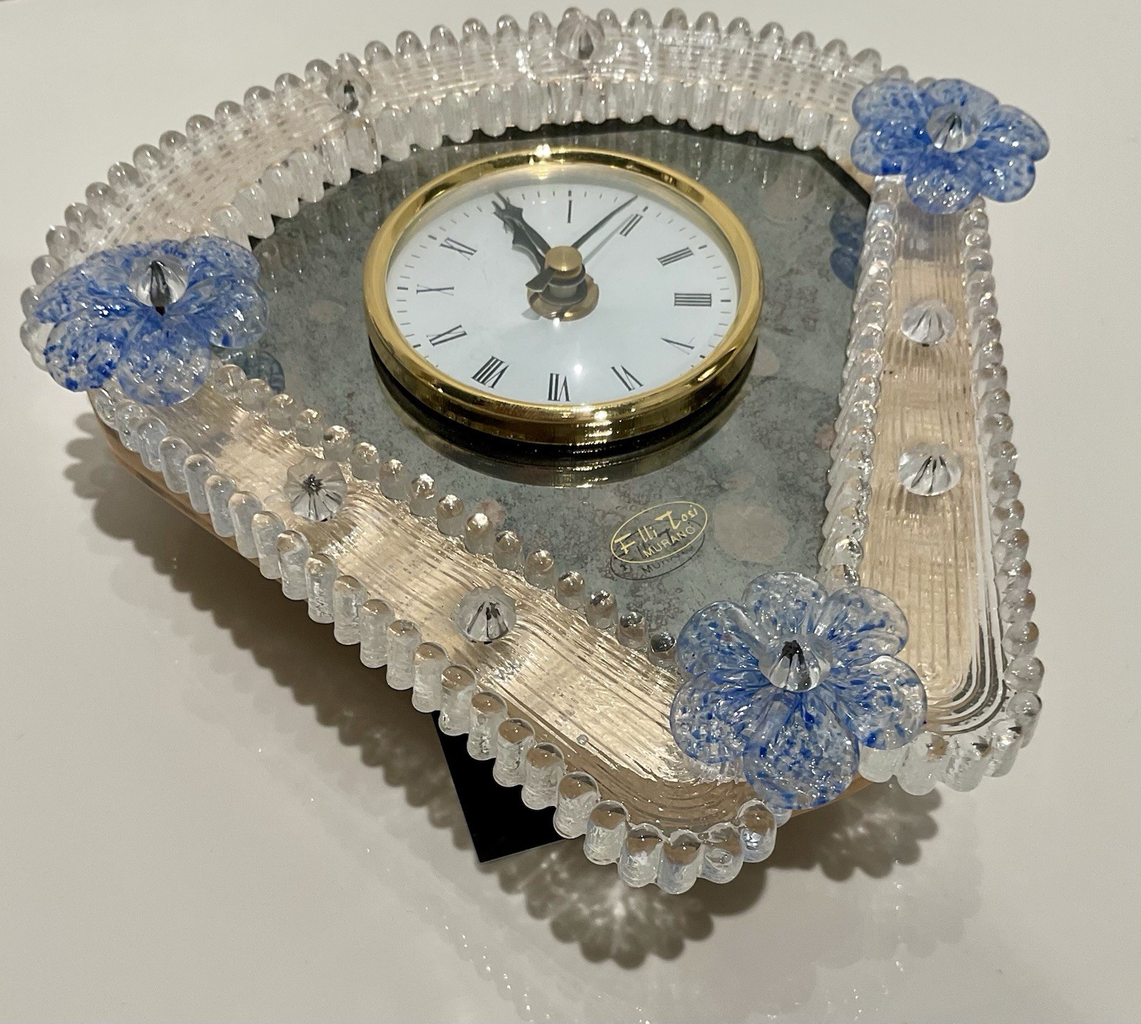 Fratelli Tosi Murano Glass Wall Clock Blue Millefiori Flowers Gold Bezel NOS