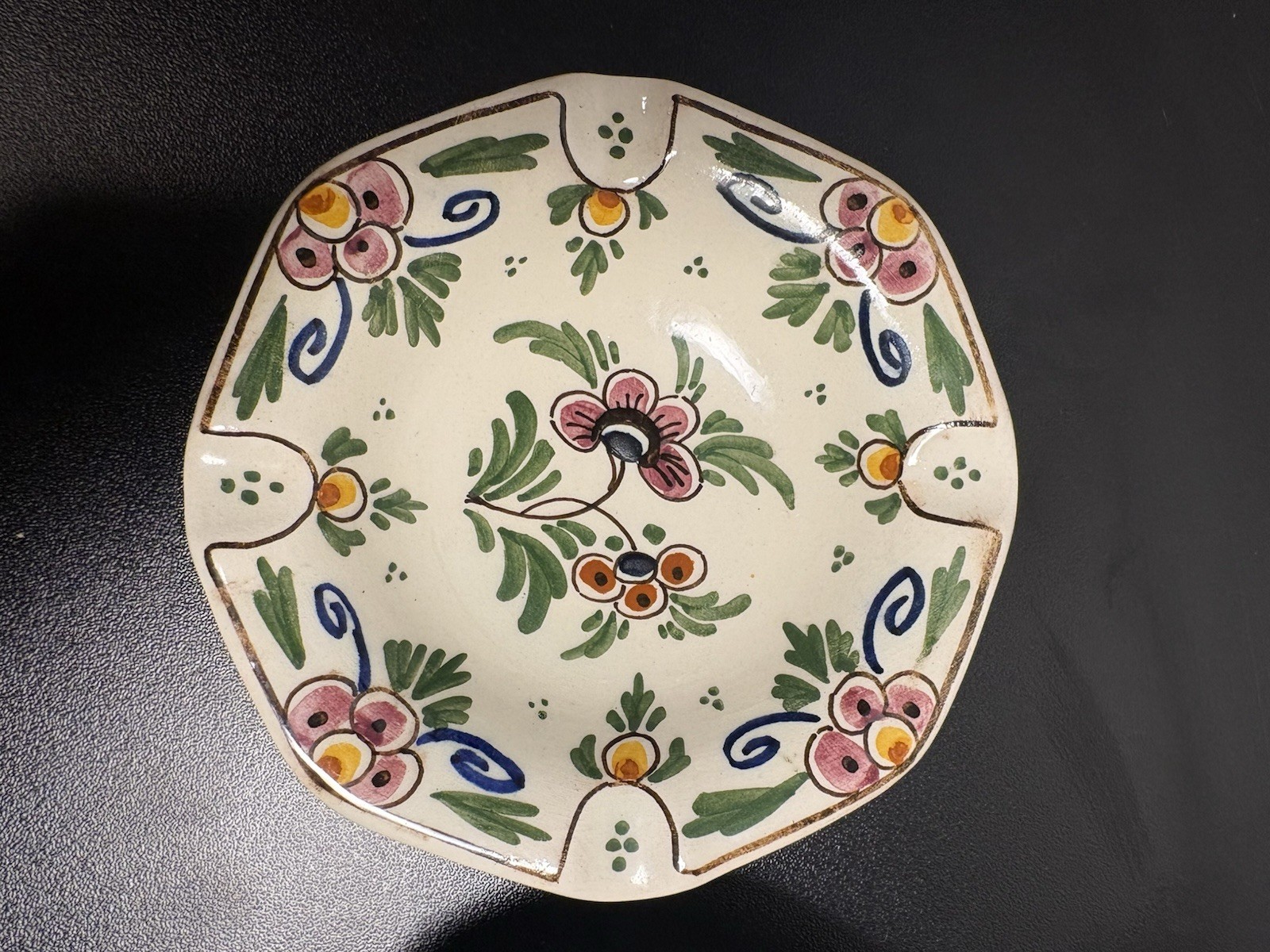 Vintage Signed DP Delft Glazed Handpainted Floral Ashtray Trinket Dish