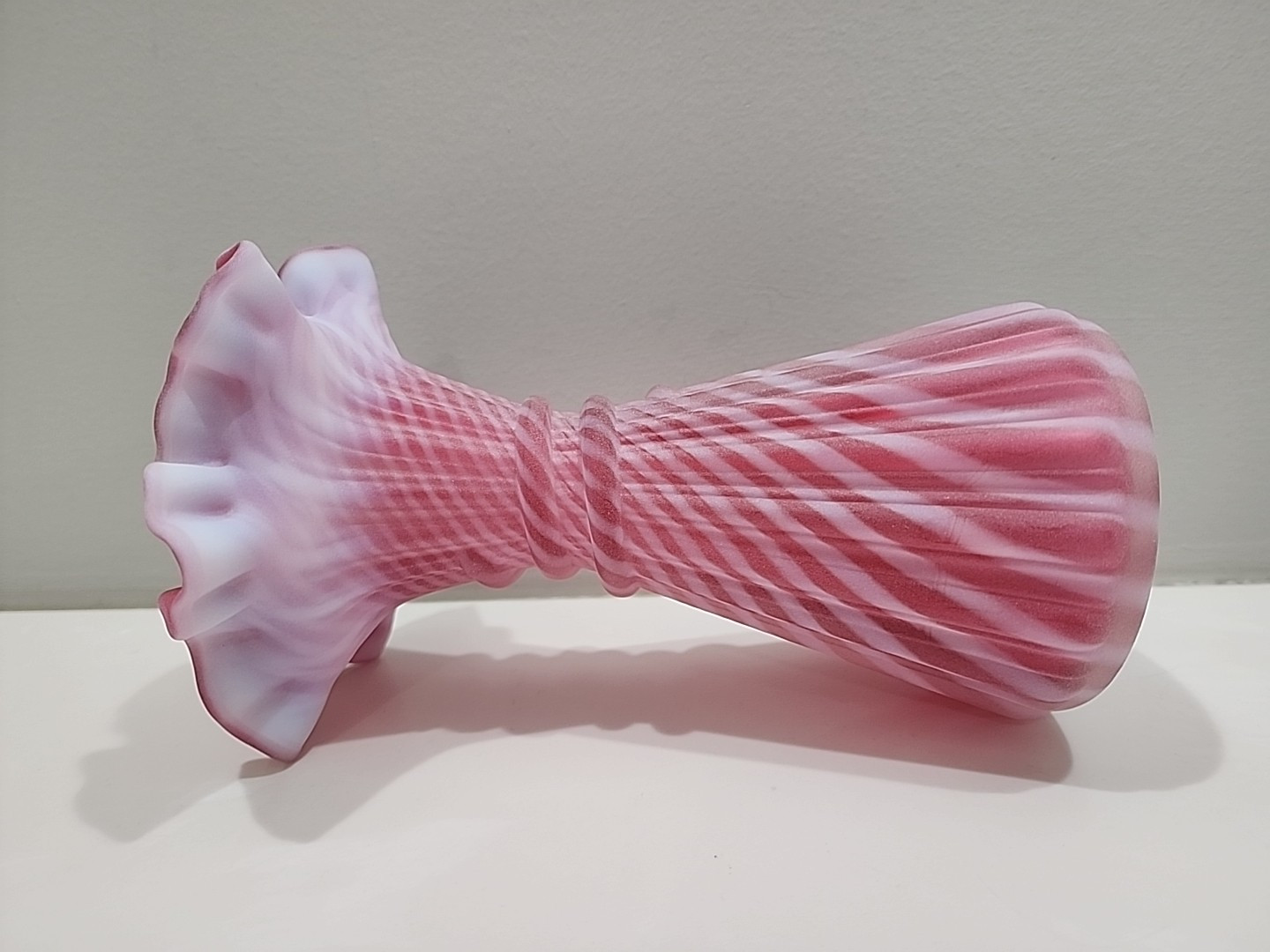 Fenton Satin Cranberry Opalescent Spiral Optic Wheat Vase