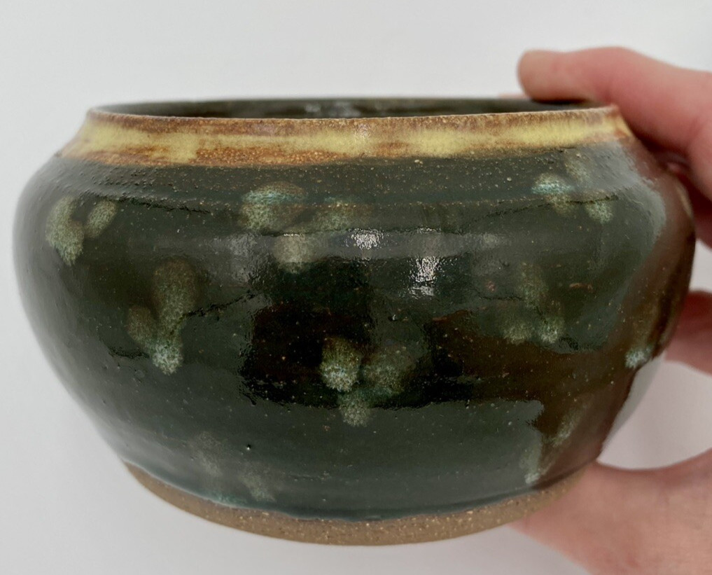 Studio Pottery Lidded Bowl, Signed, Forest Green w/Yellow, Surprise Inside!