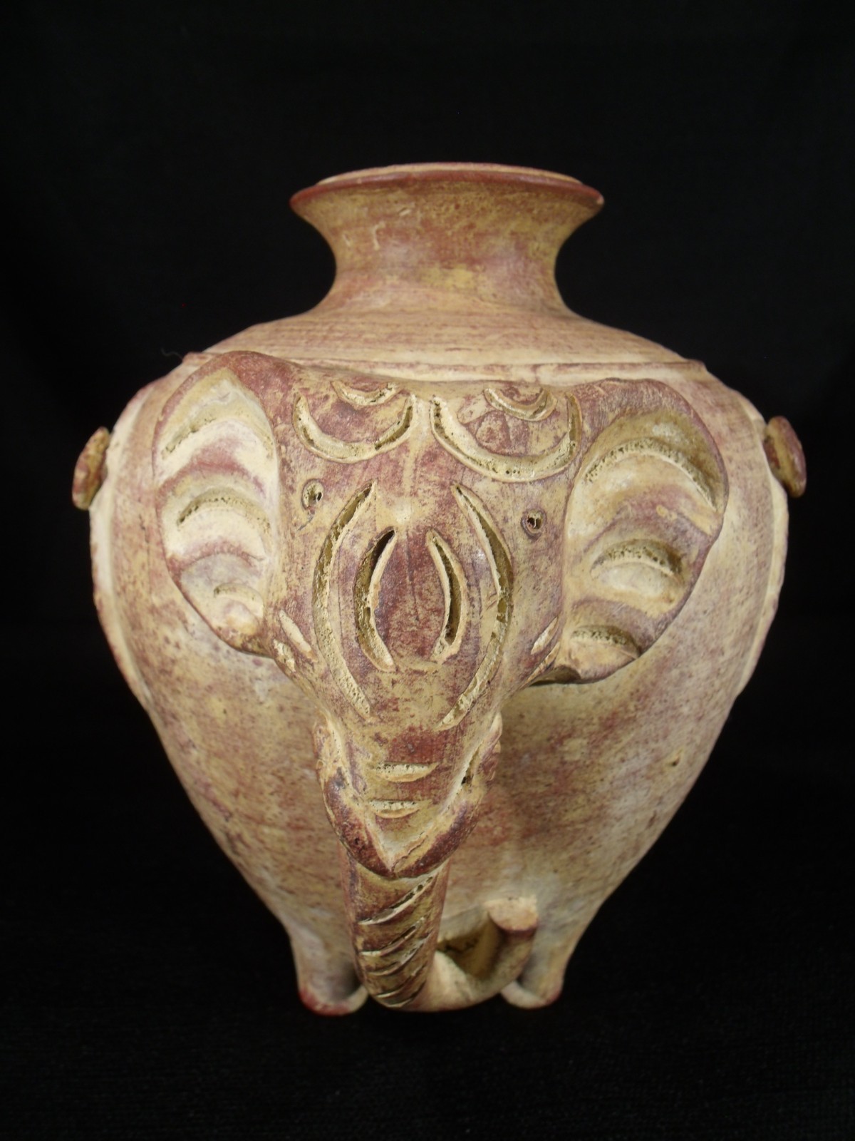Rustic Elephant Relief Terracotta Pottery Vase Jar Footed