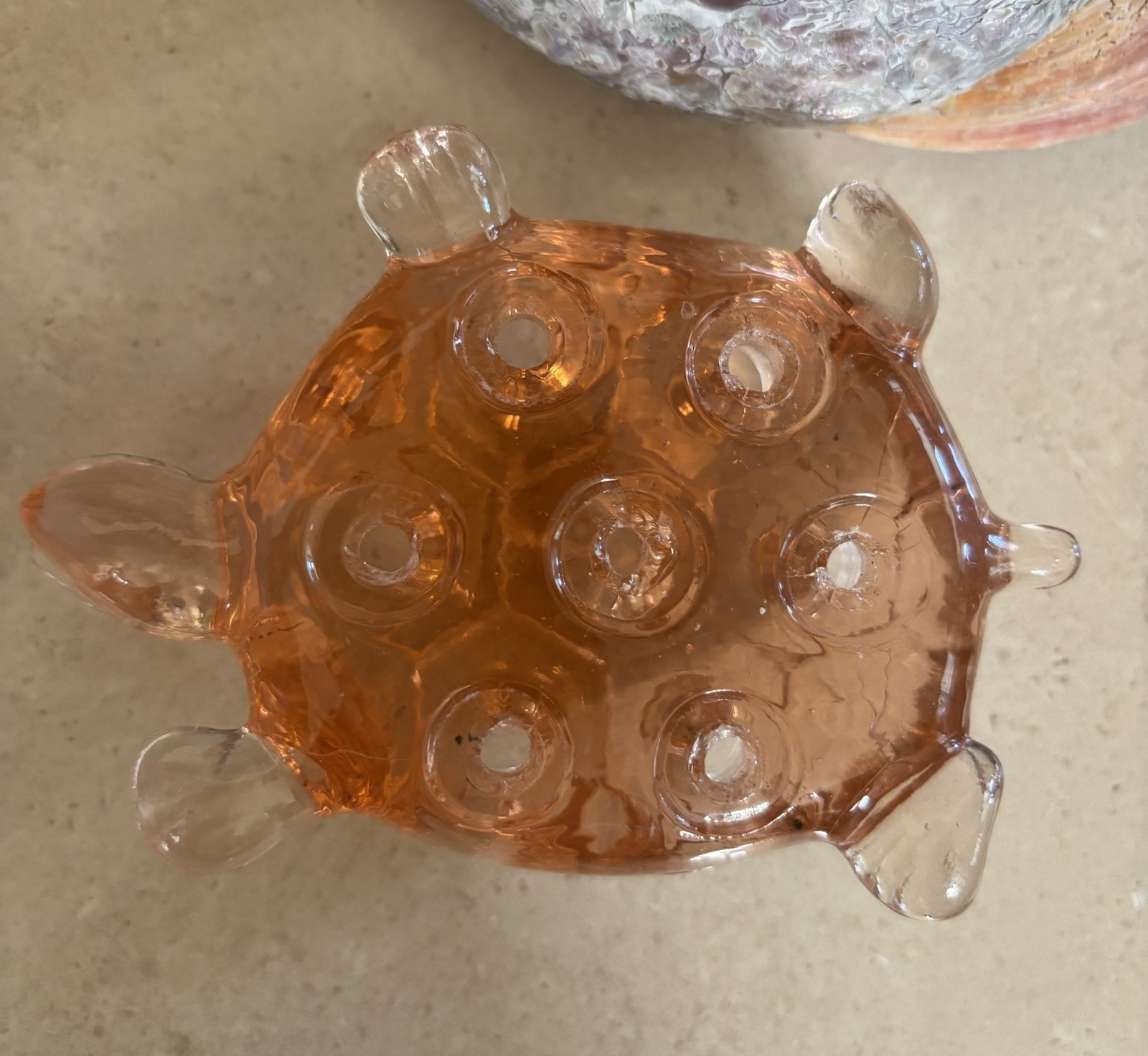 Vintage Glass Turtle ~ Flower Frog ~ Pink Glass ~ 7 Hole ~ 4 3/8”