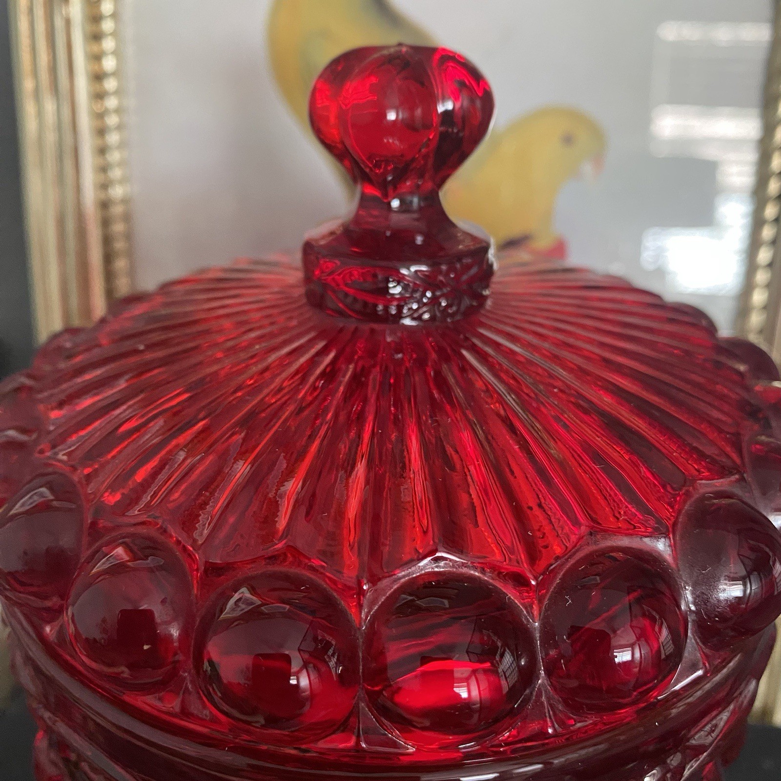 Mosser Eye Winker Ruby Red Glass Compote 8.5”H