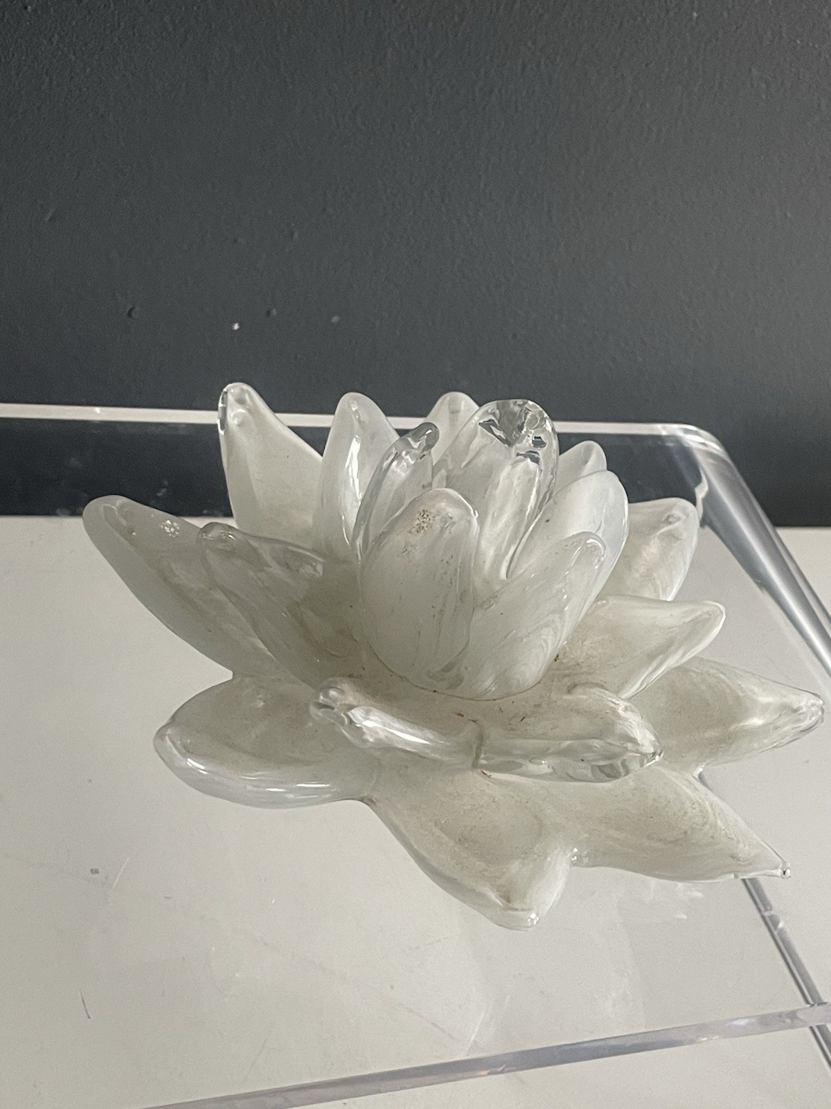 MT Glass Hand Blown White Clear Art Glass Lotus Flower Candle Holder Bowl 6.5”