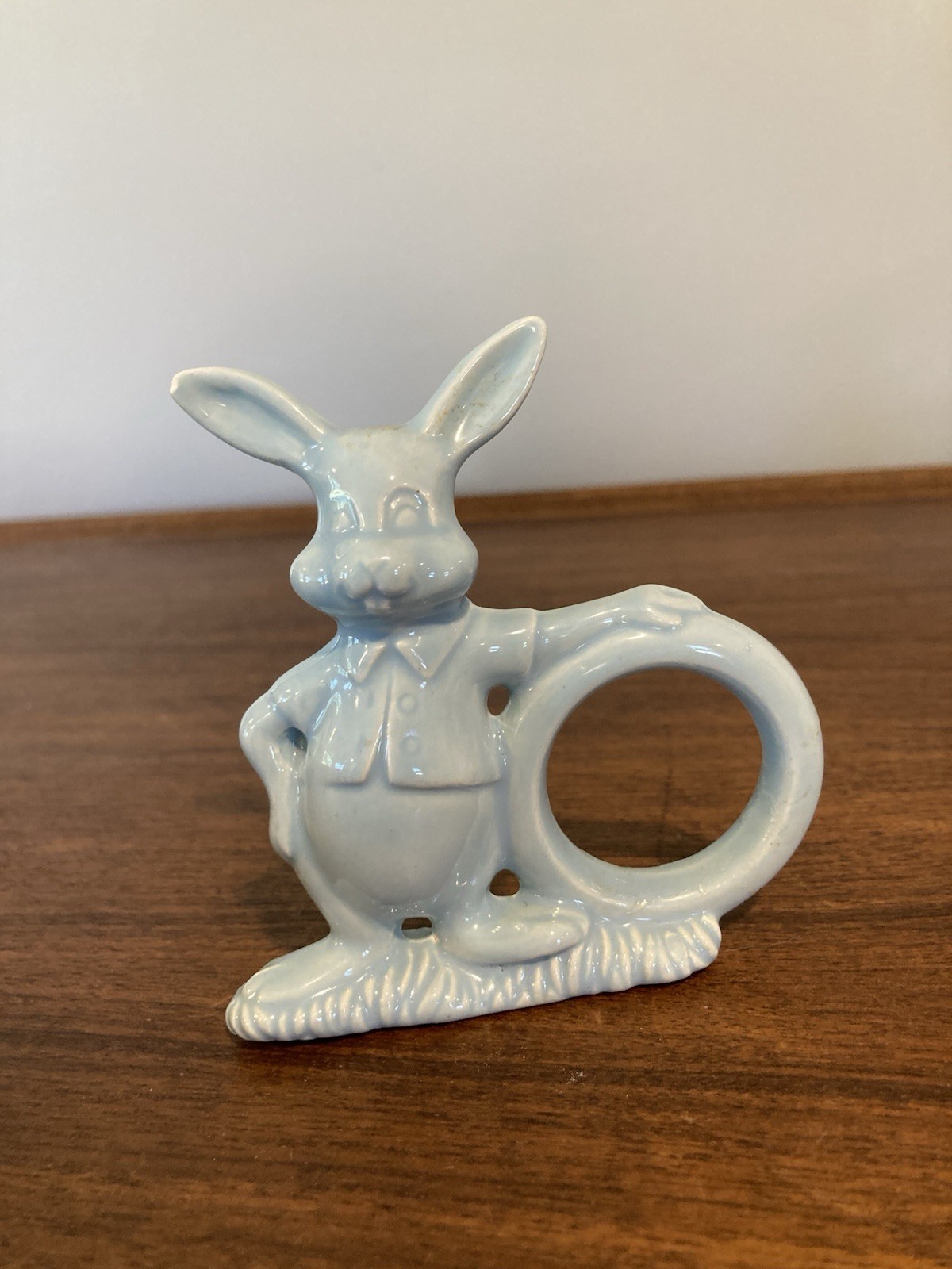 Vintage Art Pottery Rabbit Blue Bunny Ceramic Figurine Napkin Ring Spring Easter