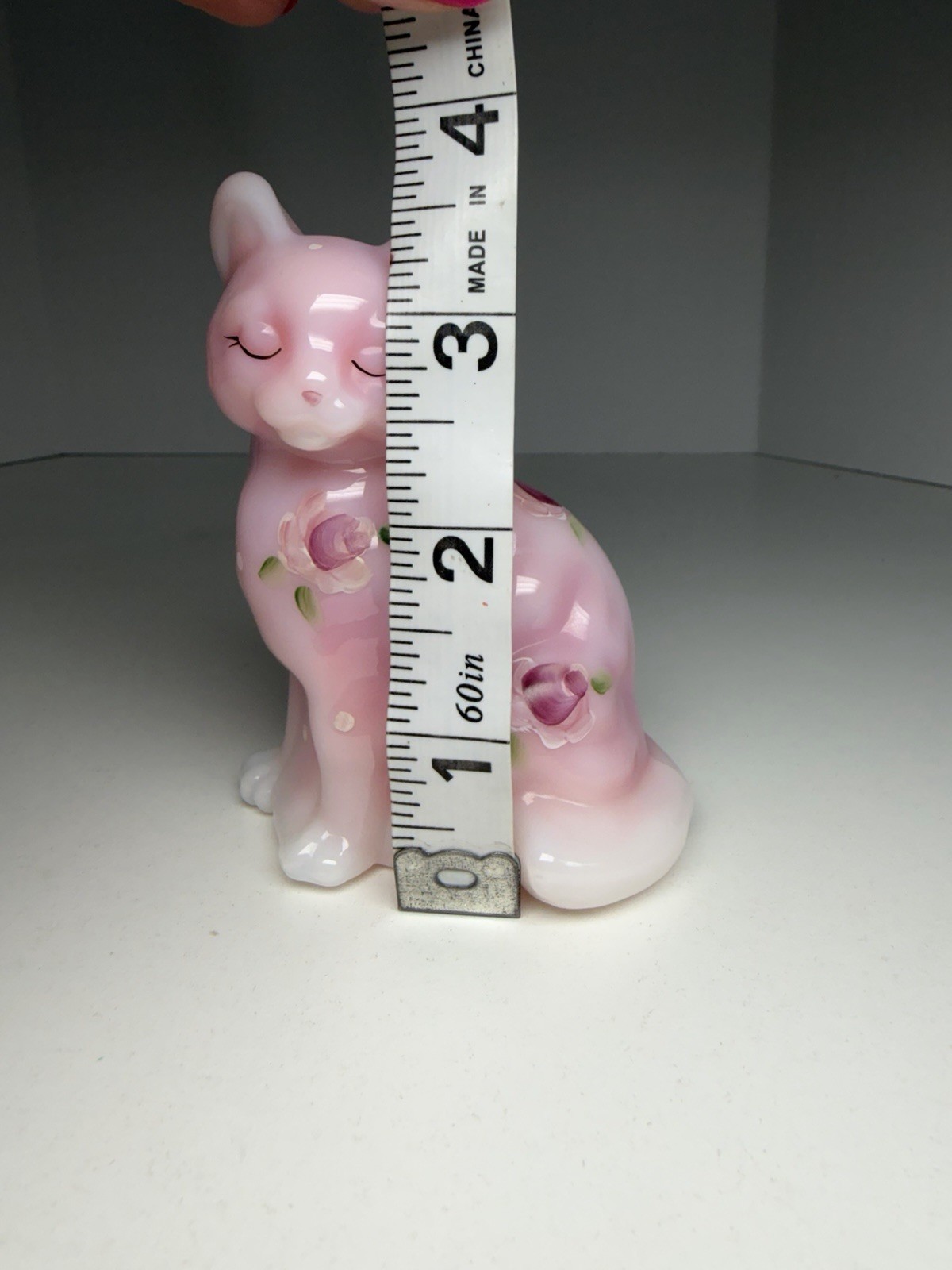 2003 QVC Fenton Rosalene Glossy Sitting Cat “Rose” With Flowers