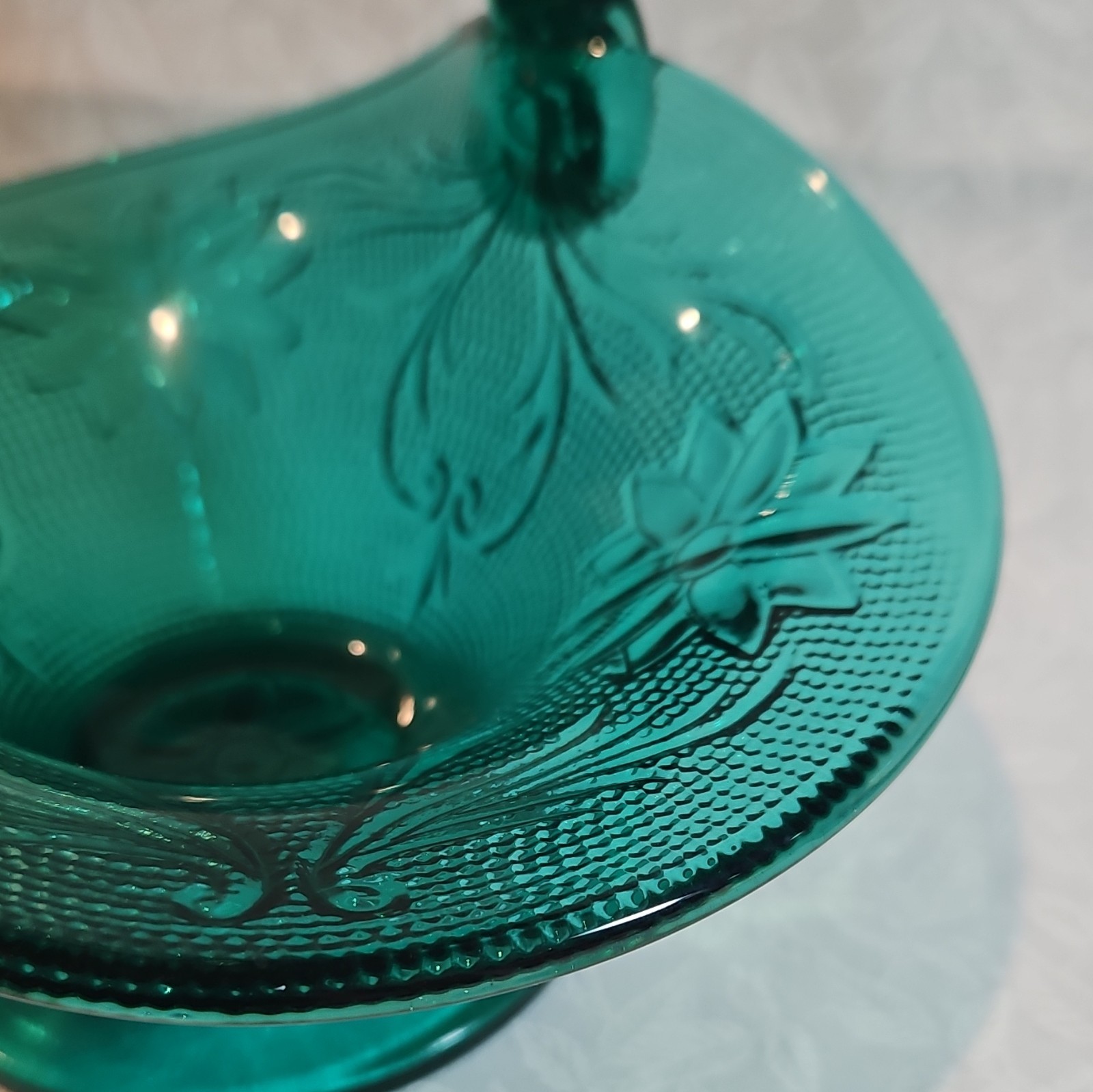 Indiana Glass Teal Decorative Basket, Round, With Handle, 7x8x5.5 in