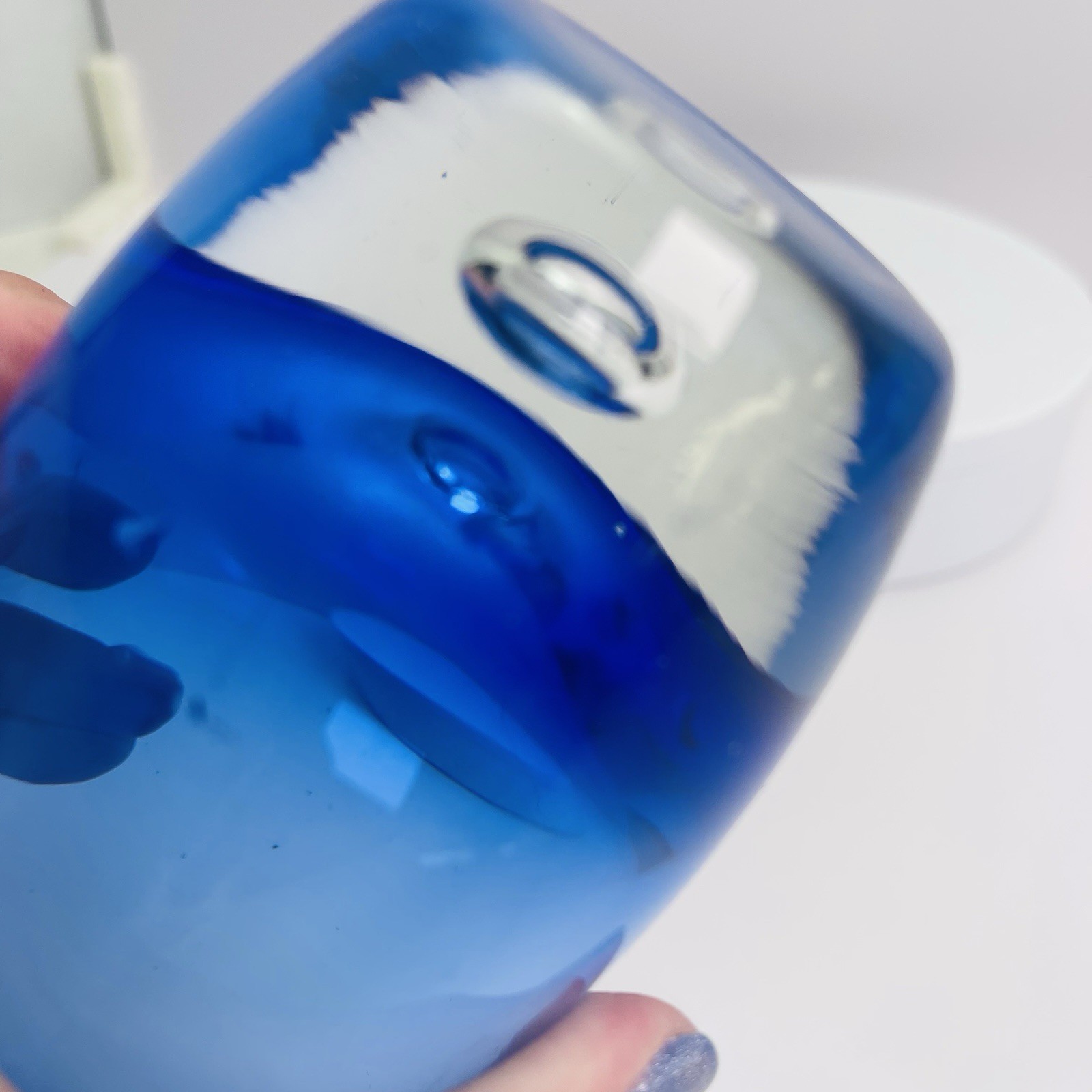 Cobalt Blue Clear Bottom Glass Vase Hand Blown Controlled Bubble VIDEO