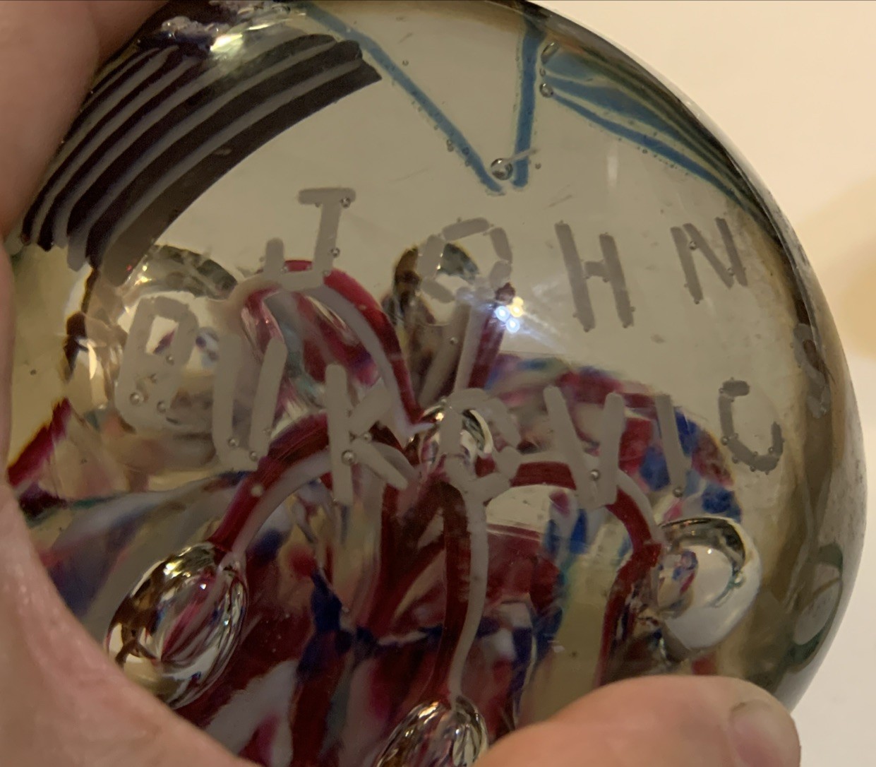 Large Blown Glass Patriotic PAPERWEIGHT-signed John Bukovics USA FLAG