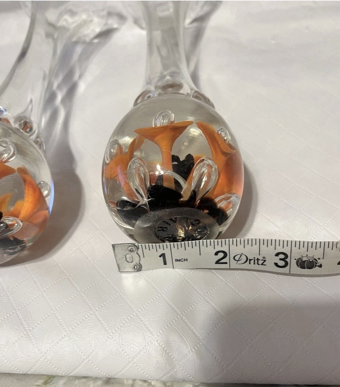 Pair Matching Joe Rice Vtg Art Glass Paperweight Bud Vase Clear Orange Flowers