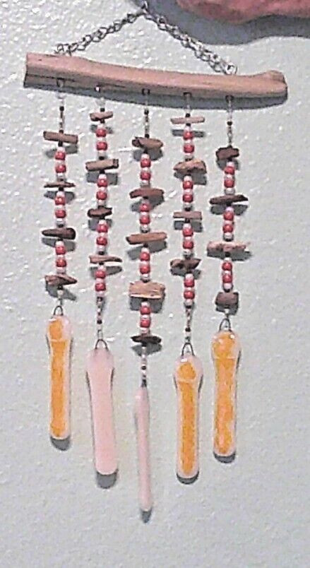 drift wood wind chime with fused glass chimes hand made crafted