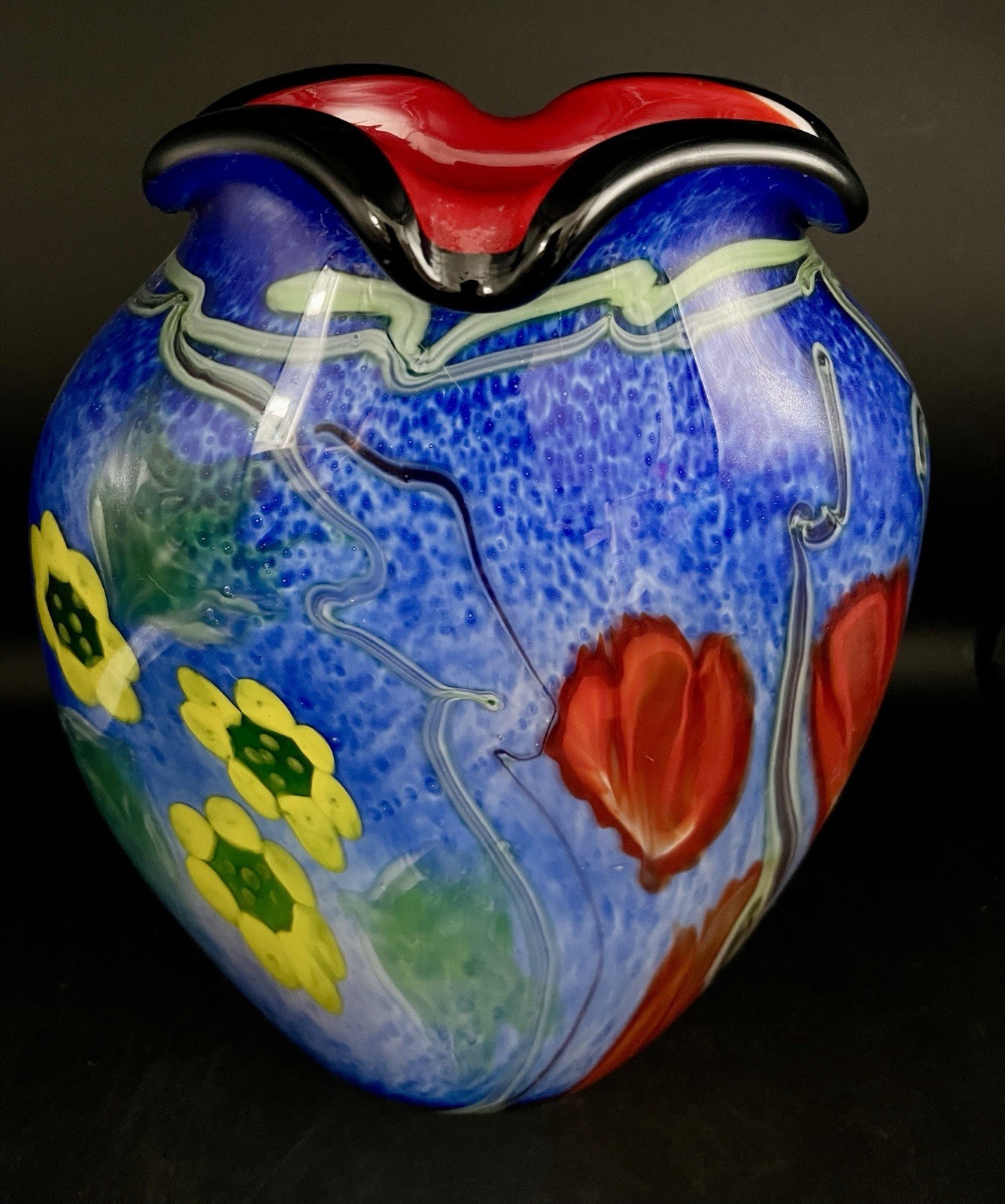 Large Cased Glass Hand Blown Art Vase With Orange And Yellow Flowers