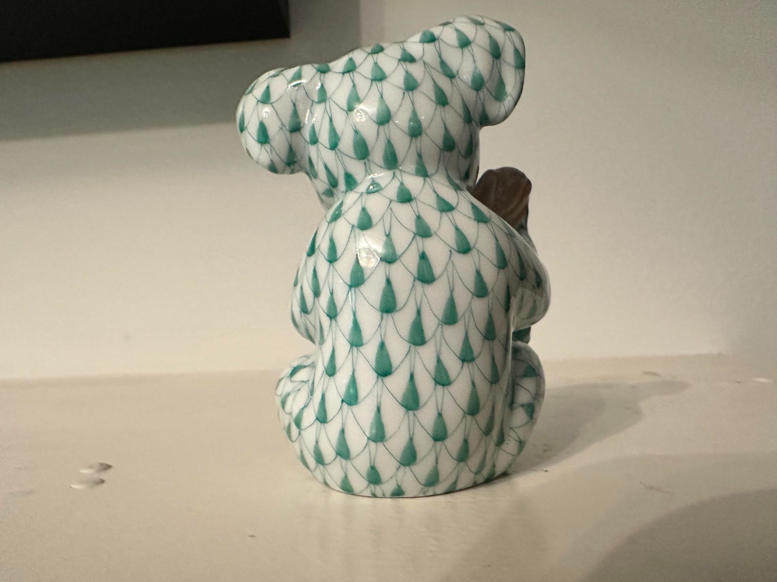 HEREND, LITTLE KOALA BEAR with BRANCH PORCELAIN FIGURINE, GREEN, FLAWLESS
