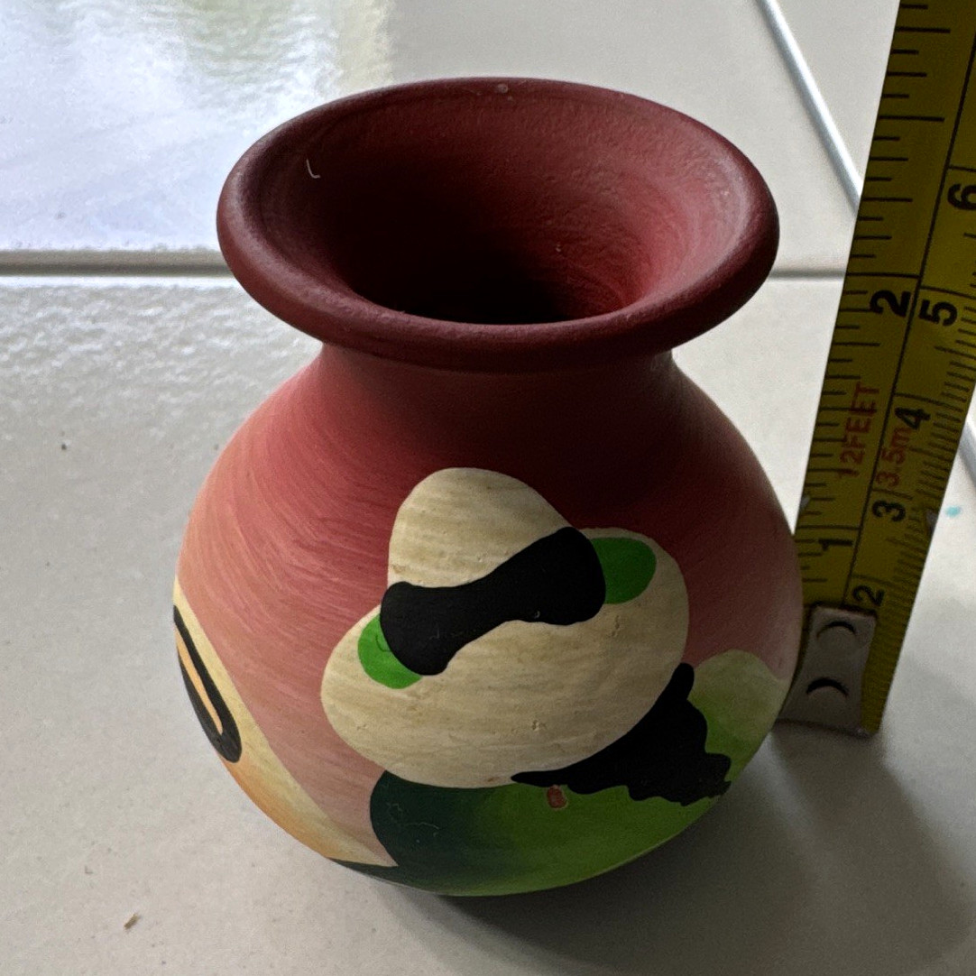 Hand-Painted Clay Vase, Signed Leon, Red Multicolor Matte Finish, 2 1/2 in