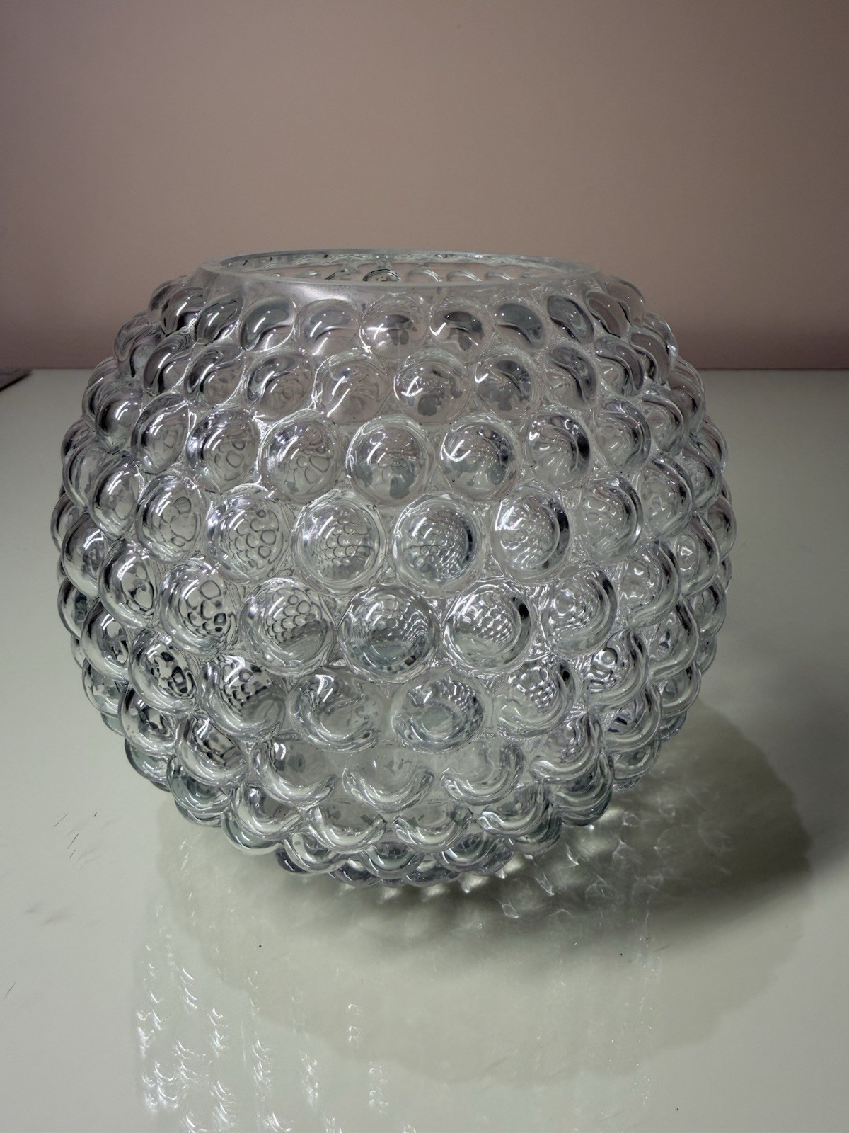 Swedish Clear Glass Hobnail Bubble Round Sphere Rose Bowl Vase Candle Holder