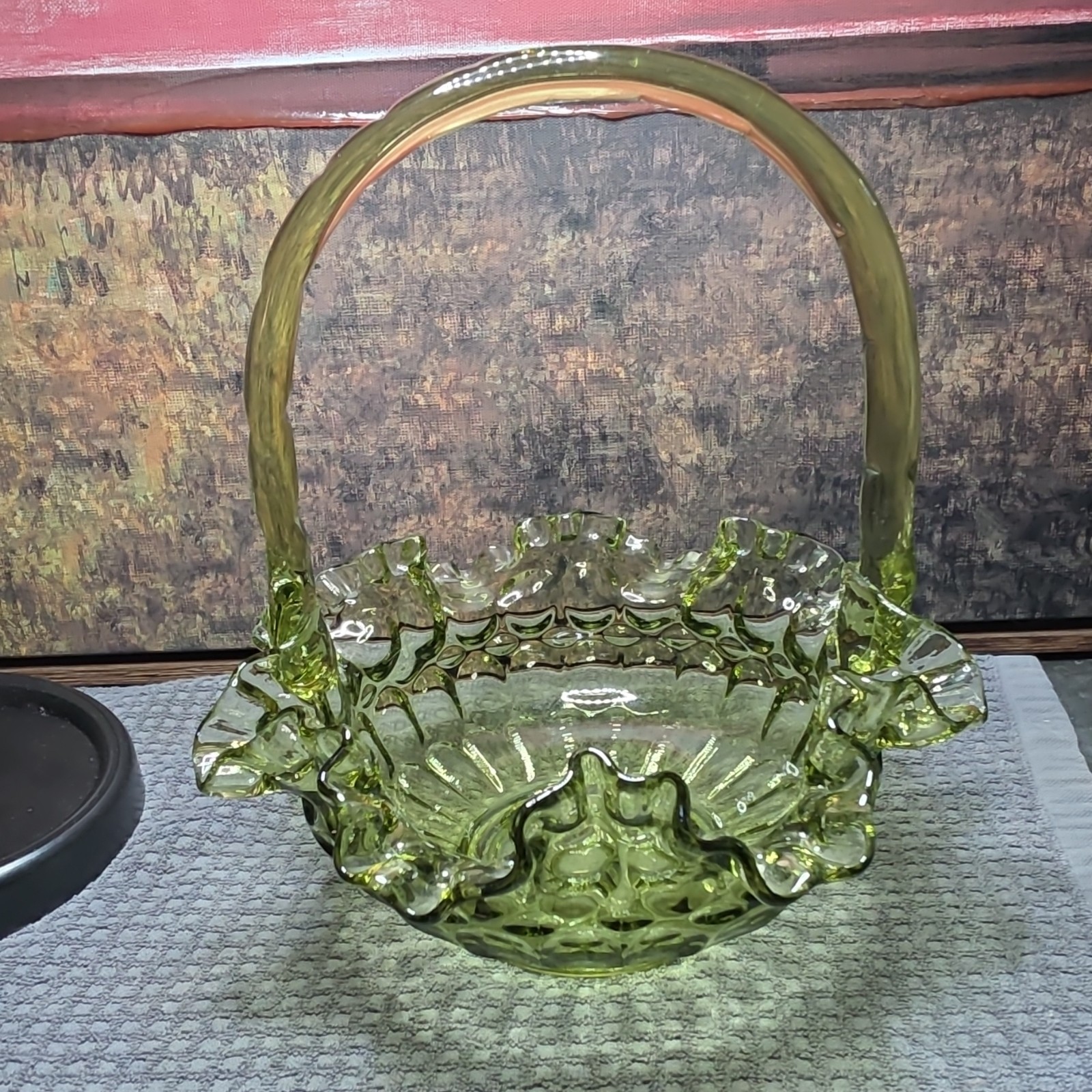 Green Glass Decorative Basket with Handle Ruffled Edge Approx 10″ Tall 8″ Wide