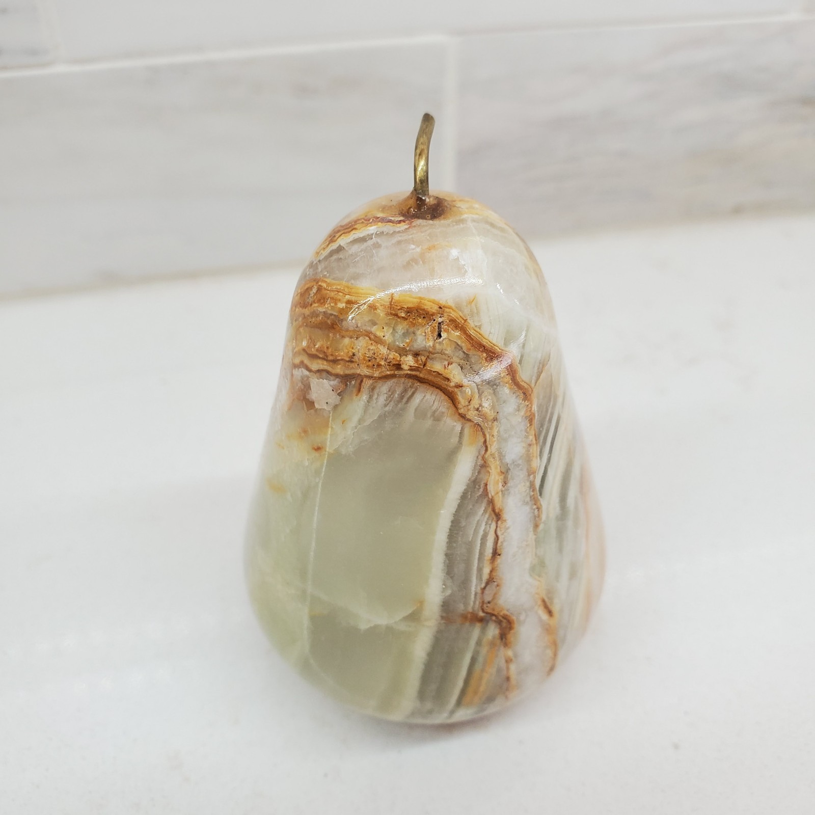 Onyx Pear Paperweight Sculpture Polished Stone Metal Stem Pakistan Tag Bottom
