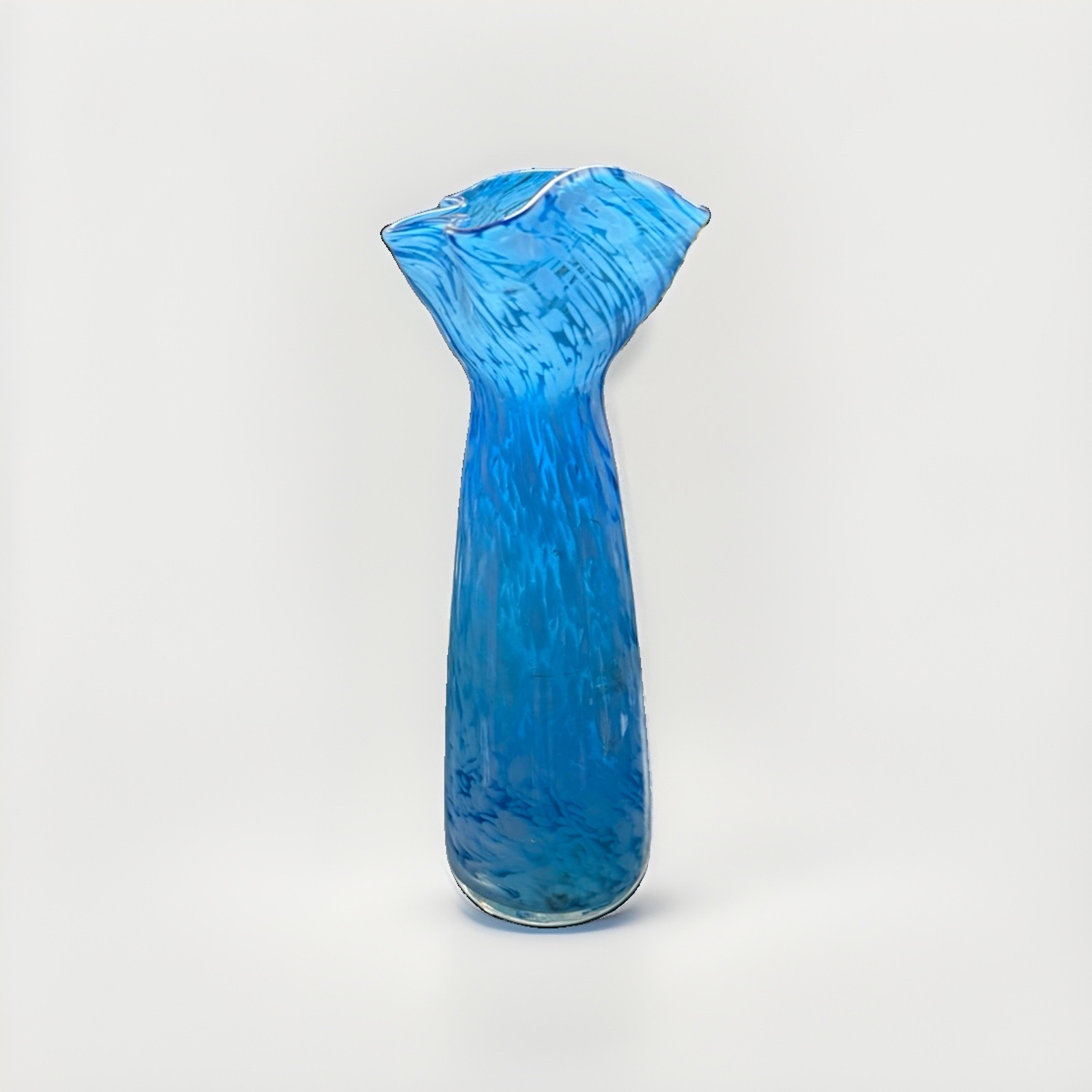 Vtg Blue White Clear Ruffled Glass Vase 8 1/2″