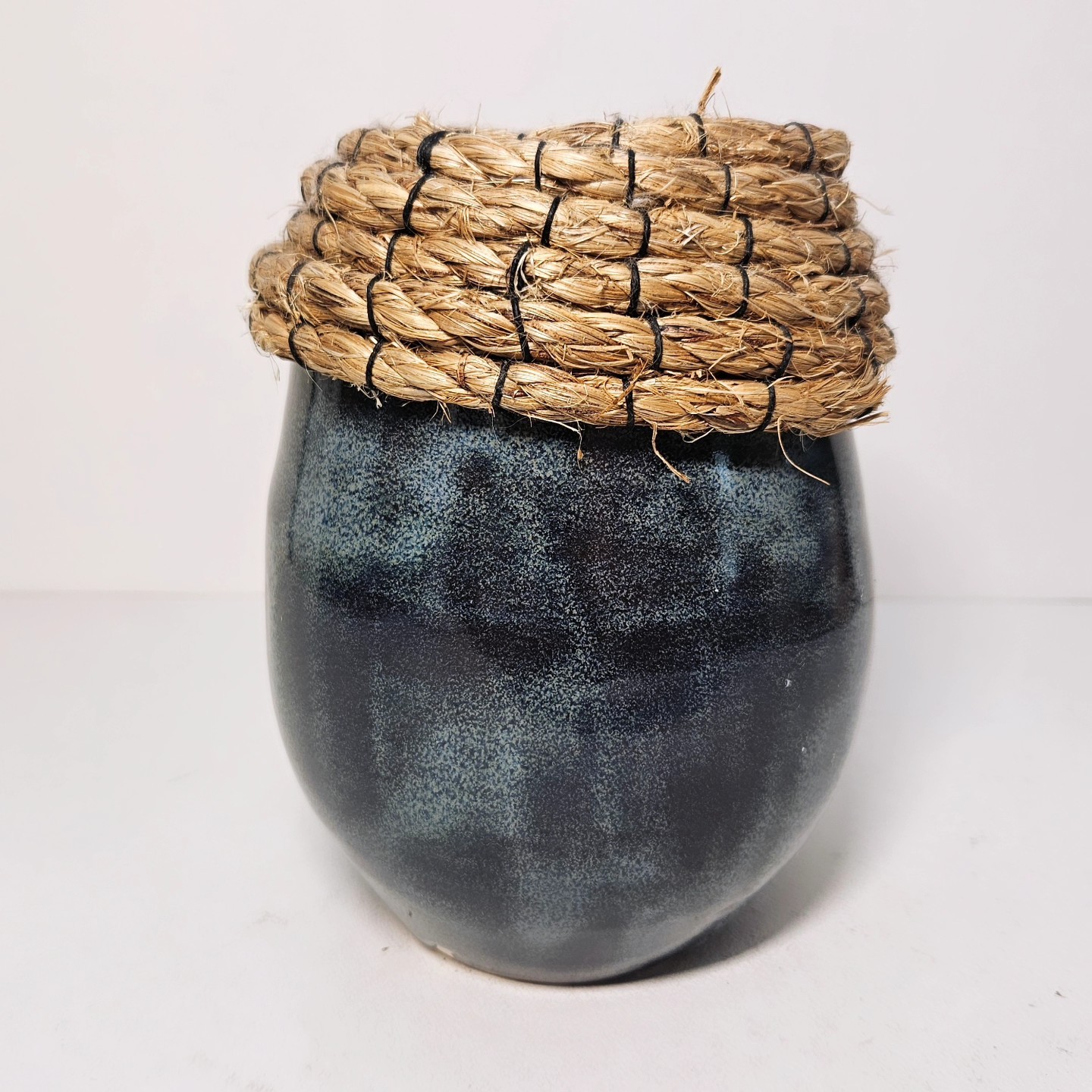 Dark Blue Egg Shaped Braided Rim Studio Pottery Vase Stamped HP