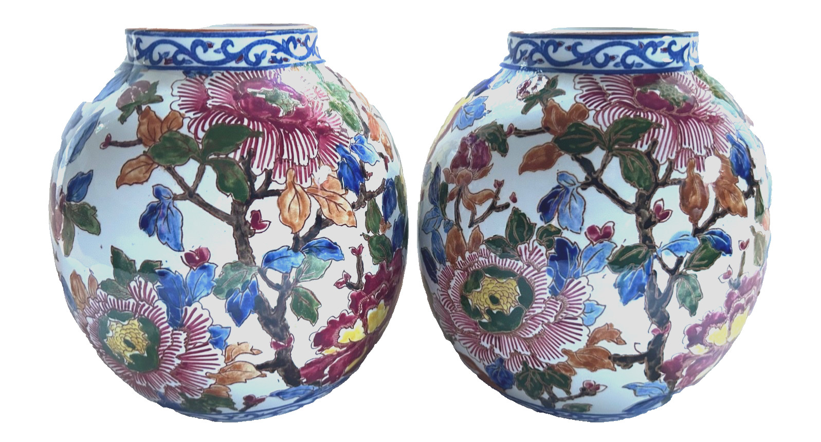 Gien French Faience Pivoines Peonies Vases Pair – 7.5″H – Mint Condition