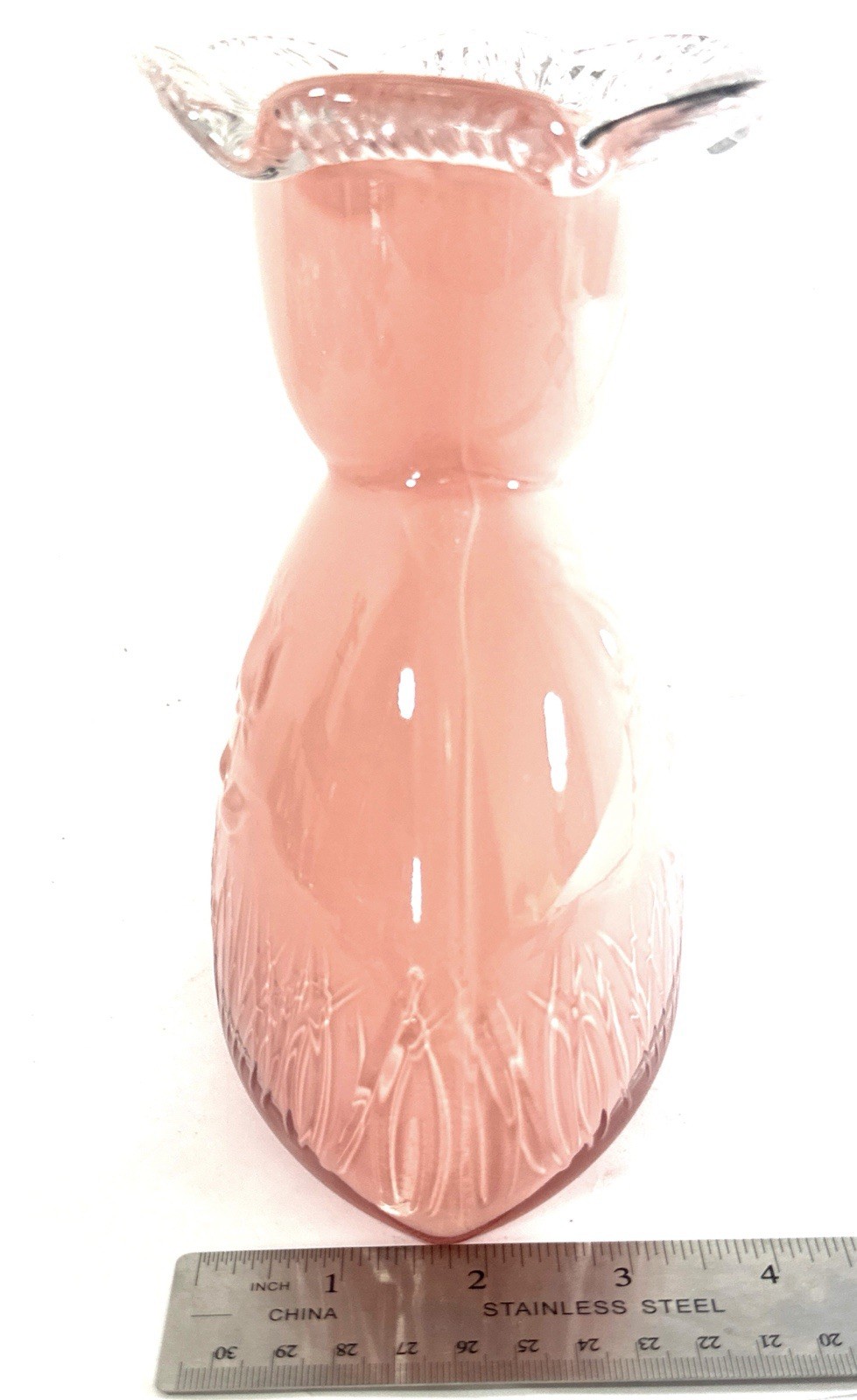 Vintage Pink Satin Glass Vase Embossed Floral Clear Ruffled Rim 7.5” Art Glass