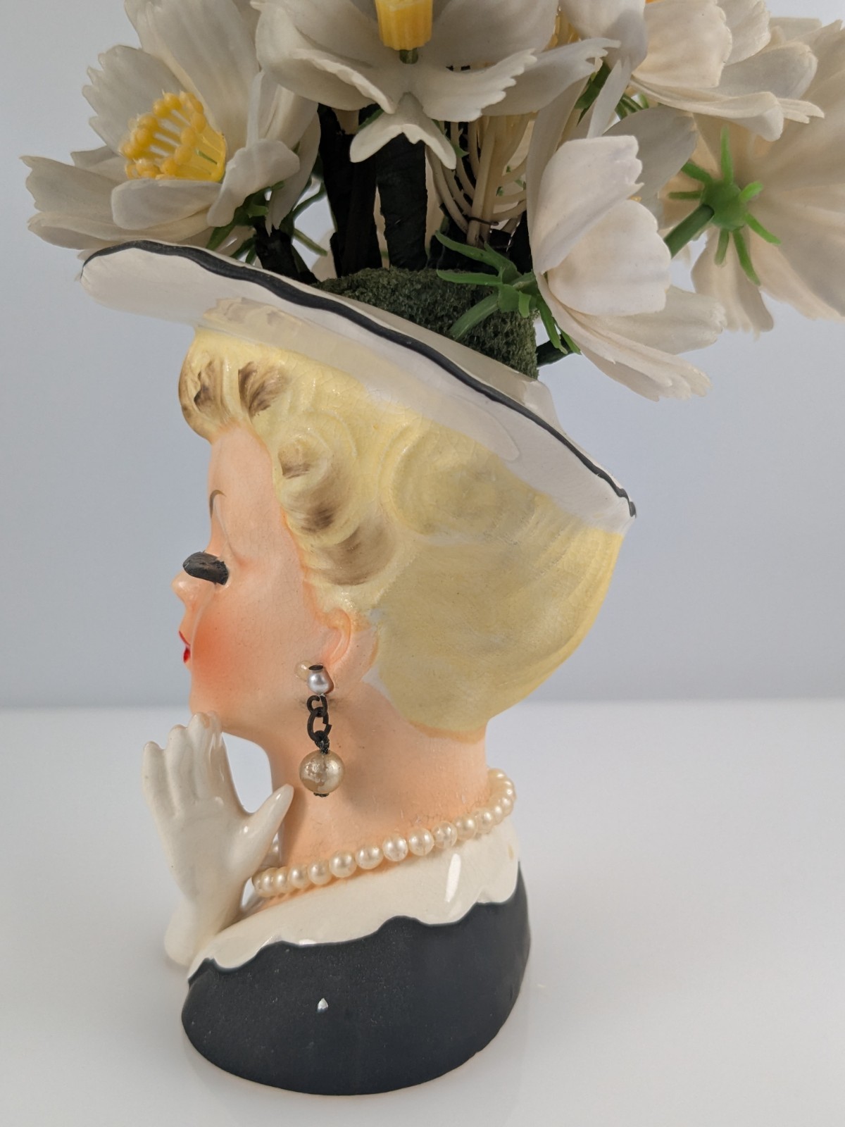 Vintage Lady Head Vase Hand Glove Lashes Original Plastic Flowers & Jewelry