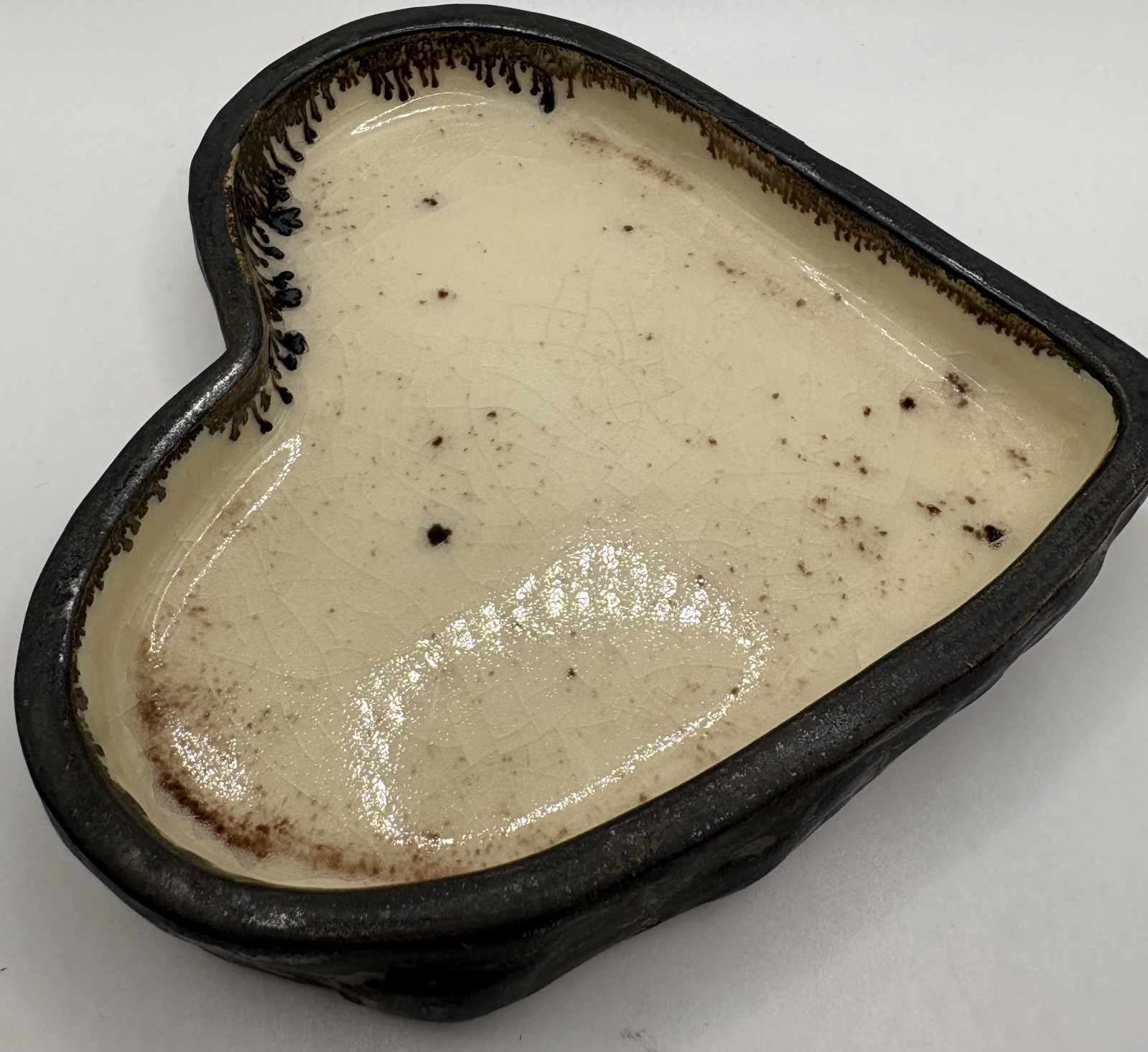 Heart, 5 1/2 X 5 1/2 inches, 1 inch deep,black and white, ceramic, crackle glaze